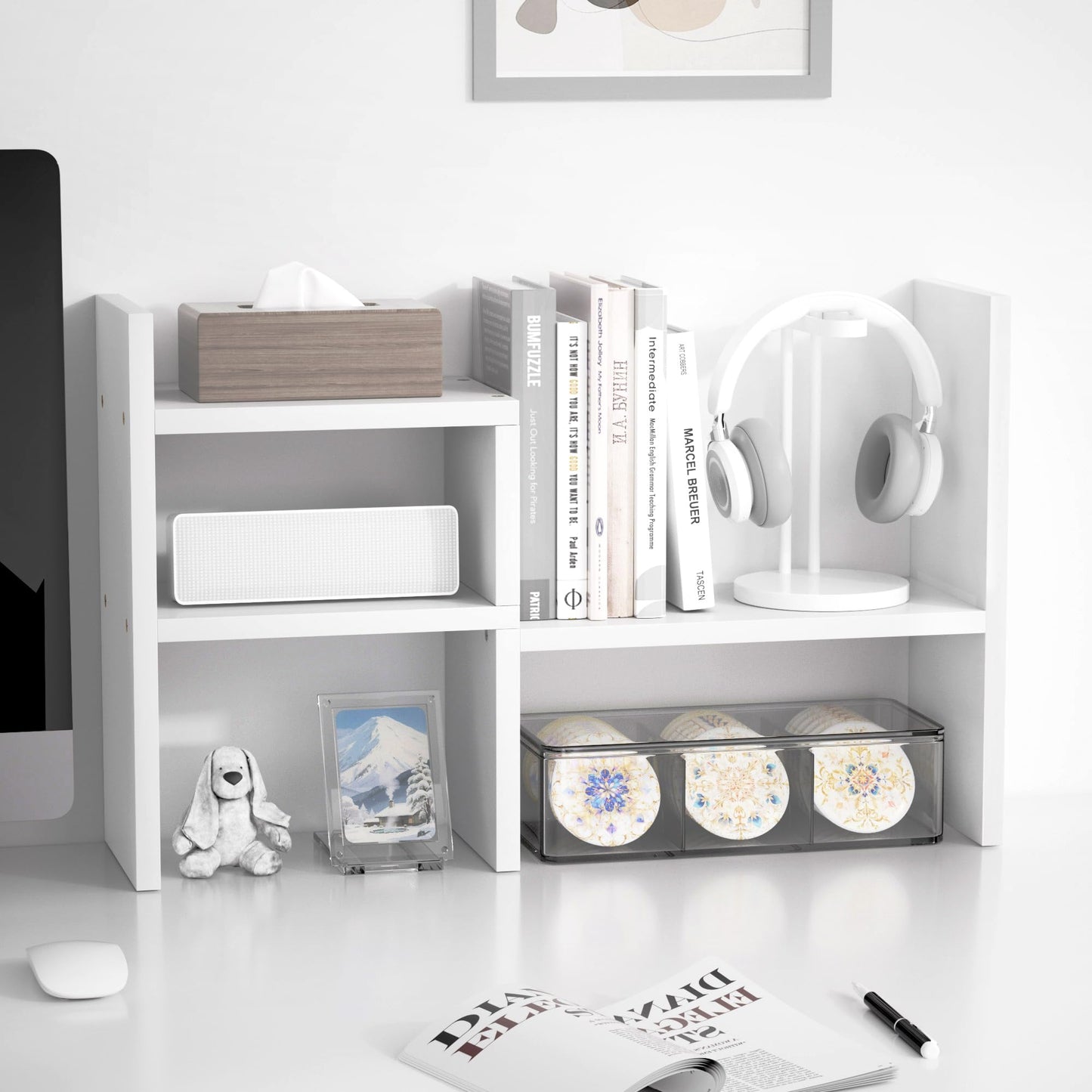 Jerry & Maggie - Desktop Organizer Office Storage Rack Adjustable Wood Display Shelf | Birthday Gifts - Toy - Home Decor | - Free Style Rotation Display - True Natural Stand Shelf (White)