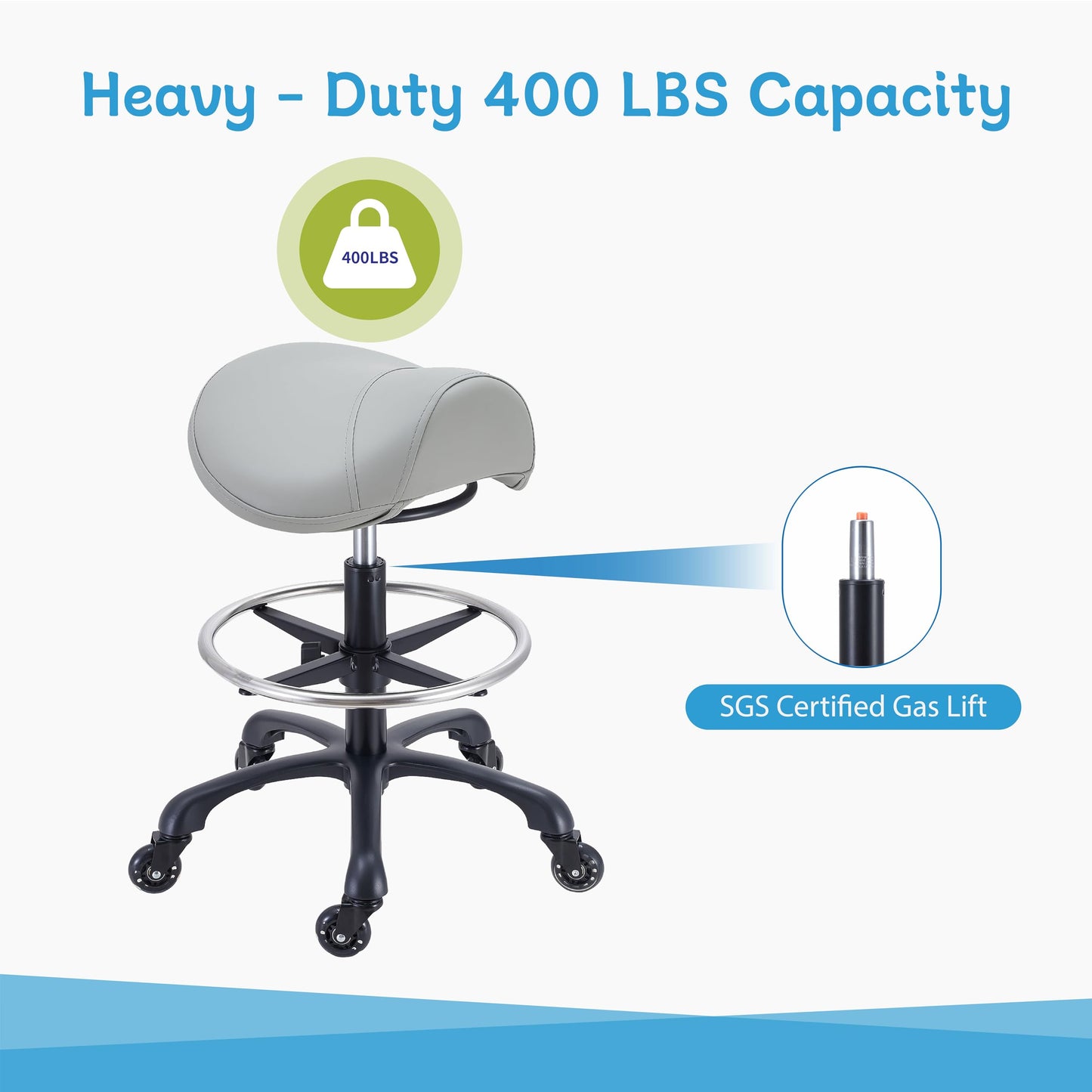 Coczeb Saddle Salon Stool with Footrest,Heavy Duty, Adjustable Height((22.5" -30.7 "), Rolling Esthetician Chair for Tattoo Spa Medical Dentist Clinic(Gray)