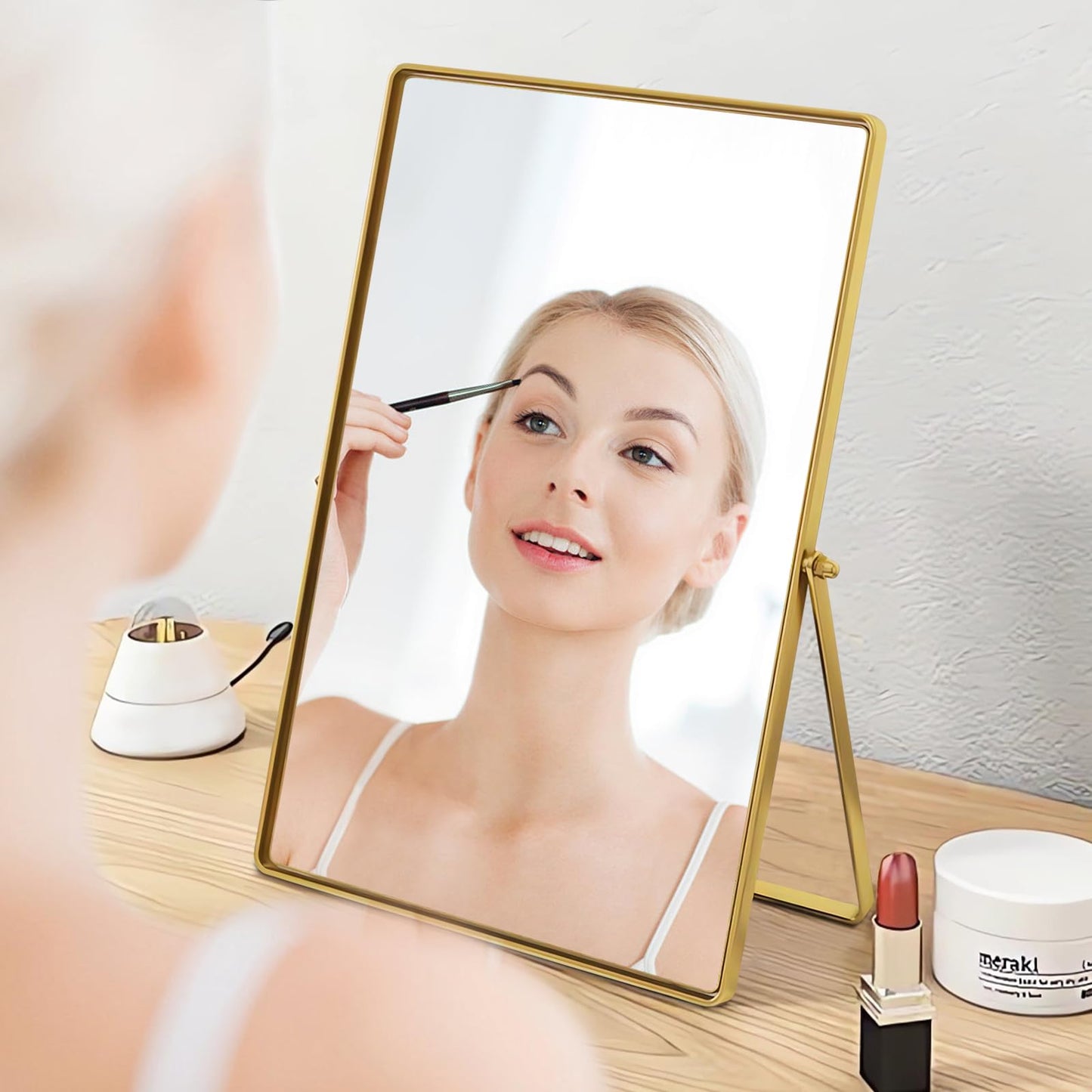 Numjeg Desktop Vanity Makeup Mirror Portable Standing Mirror with Metal Stand 90°Adjustable Rectangular Desk Table Mirrors Good for Bedroom Living Room Shower Room Office