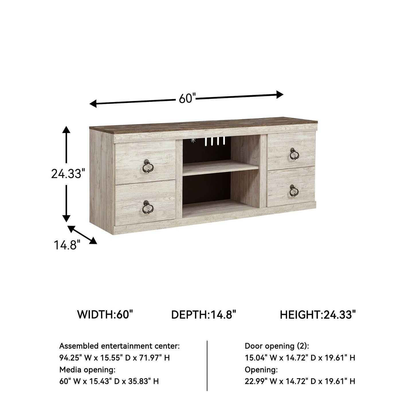 Signature Design by Ashley Willowton Shabby Chic Large TV Stand up to 60" with 3 Shelves and Fireplace Option, White
