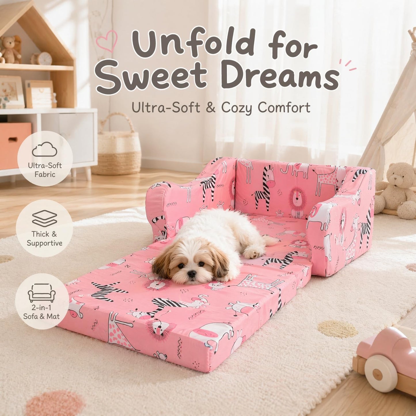MOMCAYWEX Kids Sofa, 2-in-1 Flip-Out Foam Couch, Foldable Soft Play Lounge Chair, Pink