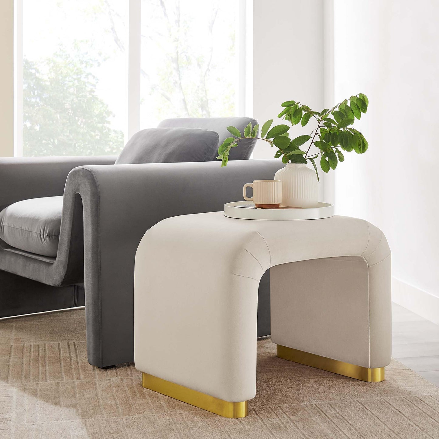 Modway EEI-6733-BRA-ALM Koda Performance Velvet Waterfall Stool, Brass Almond