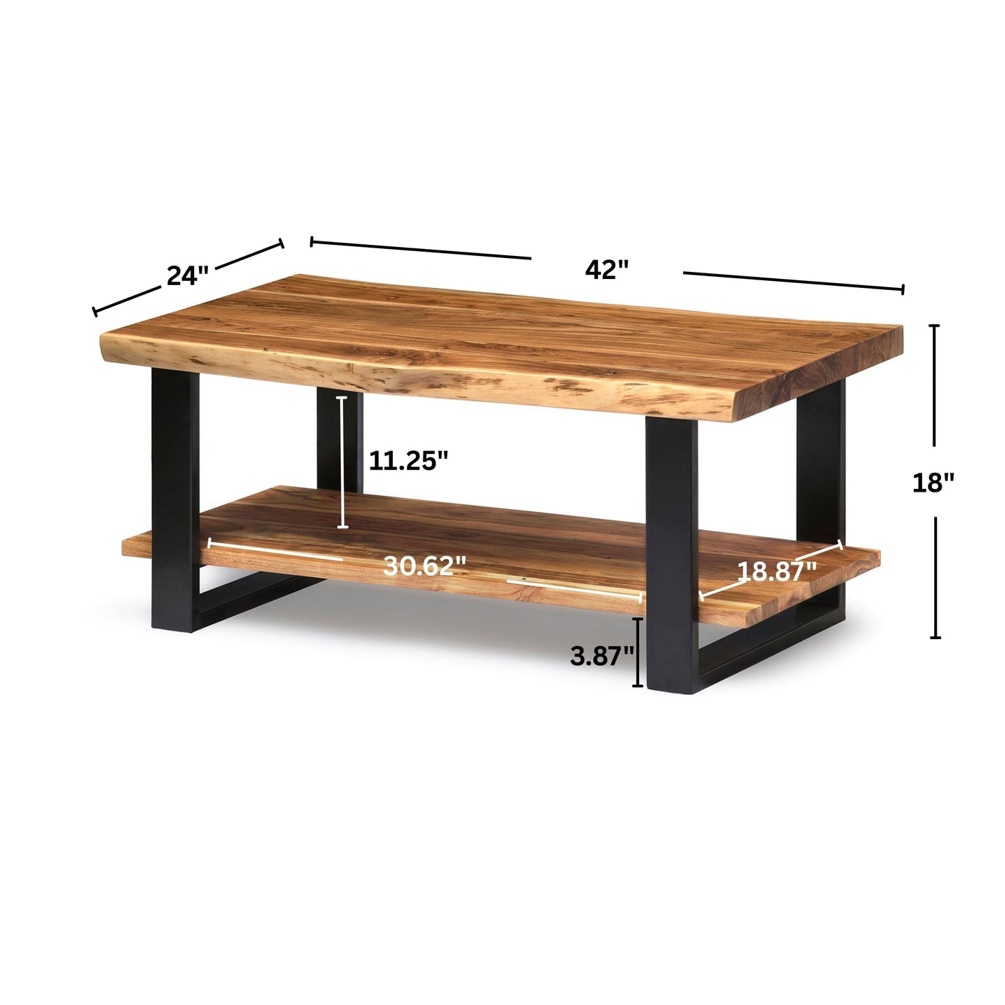 Alaterre Furniture Alpine 2-Tier Live Edge Coffee Table – 42" Solid Acacia Wood with Natural Finish, Lower Shelf Storage and Metal Frame – Rustic Industrial Style for Living Room or Home Office