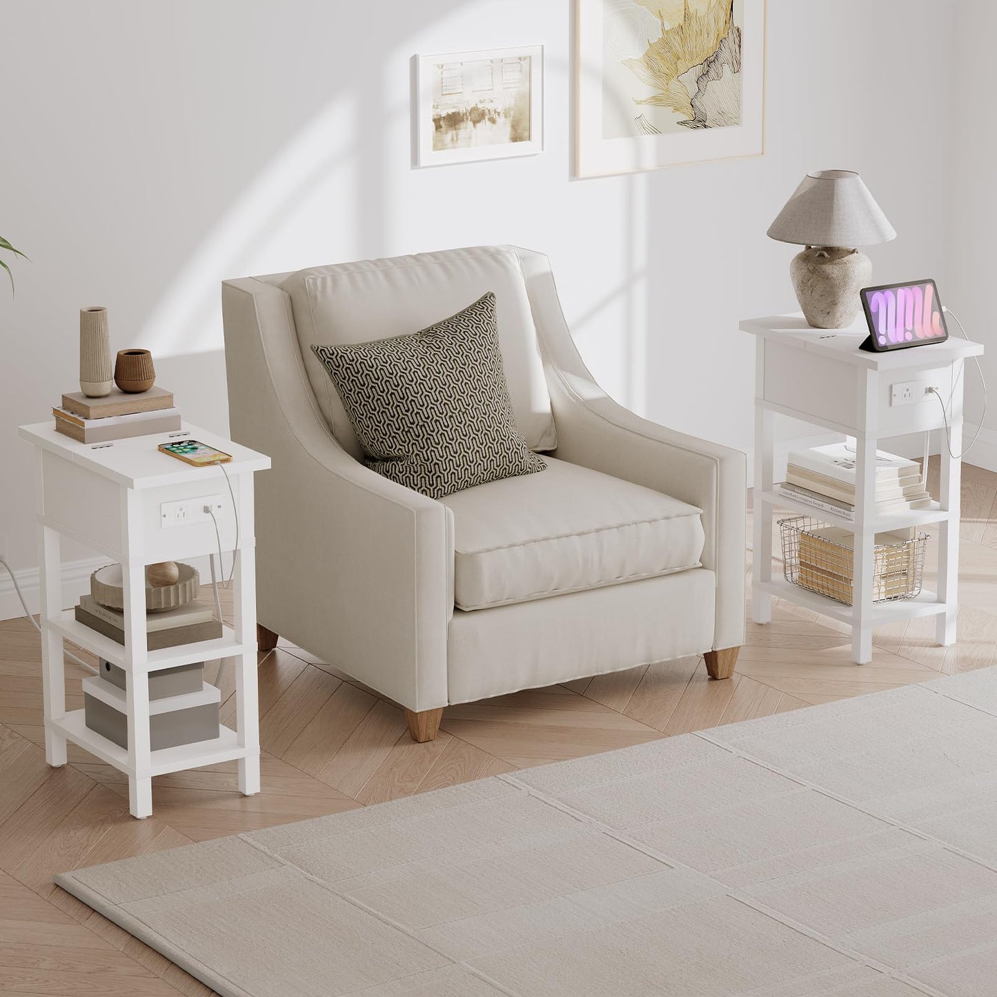 HOOBRO End Table with Charging Station, Flip Top Side Table with USB Ports, Narrow Nightstand Bedside Tables with Storage Shelves, for Small Space, Living Room, White WT141UBZ01