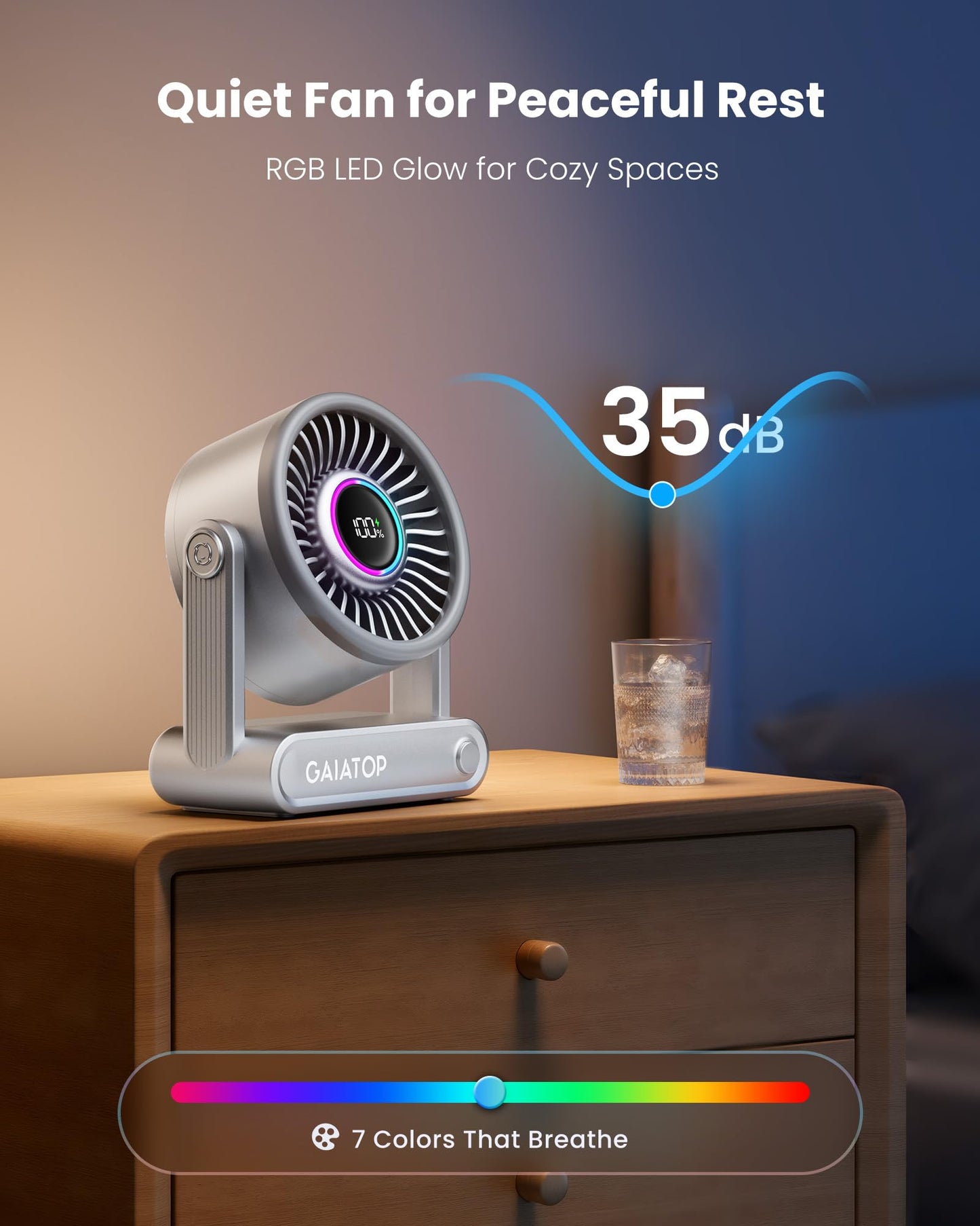 Gaiatop Portable Quiet Desk Fan, 6000mAh Rechargeable Battery Fan with RGB Ring, 18Hrs Runtime, 5-Speed Strong Wind, Bedroom Office Desk Accessories, Gifts for Women Men Teens, Silver