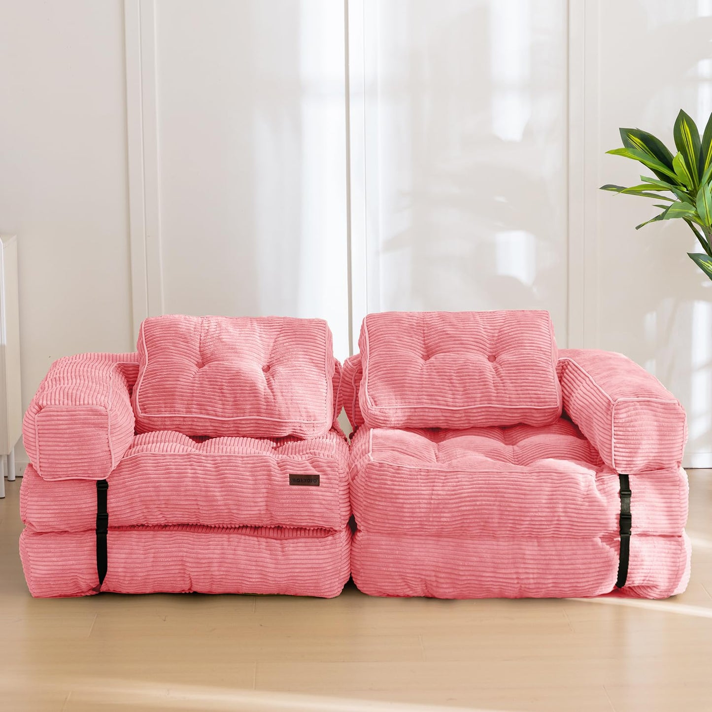 MAXYOYO Convertible L Shape Corner Sleeper Chair with Pillow Portable Fold Out Chair Bed, Floor Sofa Lounge for Living Room Bedroom, Pink