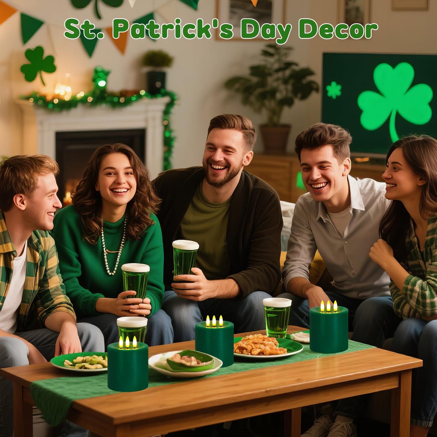 Large 3 Wick Flameless Candles, 4"x4" Flickering LED Candles with Remote & Timer, Dimmable Real Wax Pillar Candles Battery Operated, Green Candles for Home Christmas St. Patrick’s Day Decor (Green)
