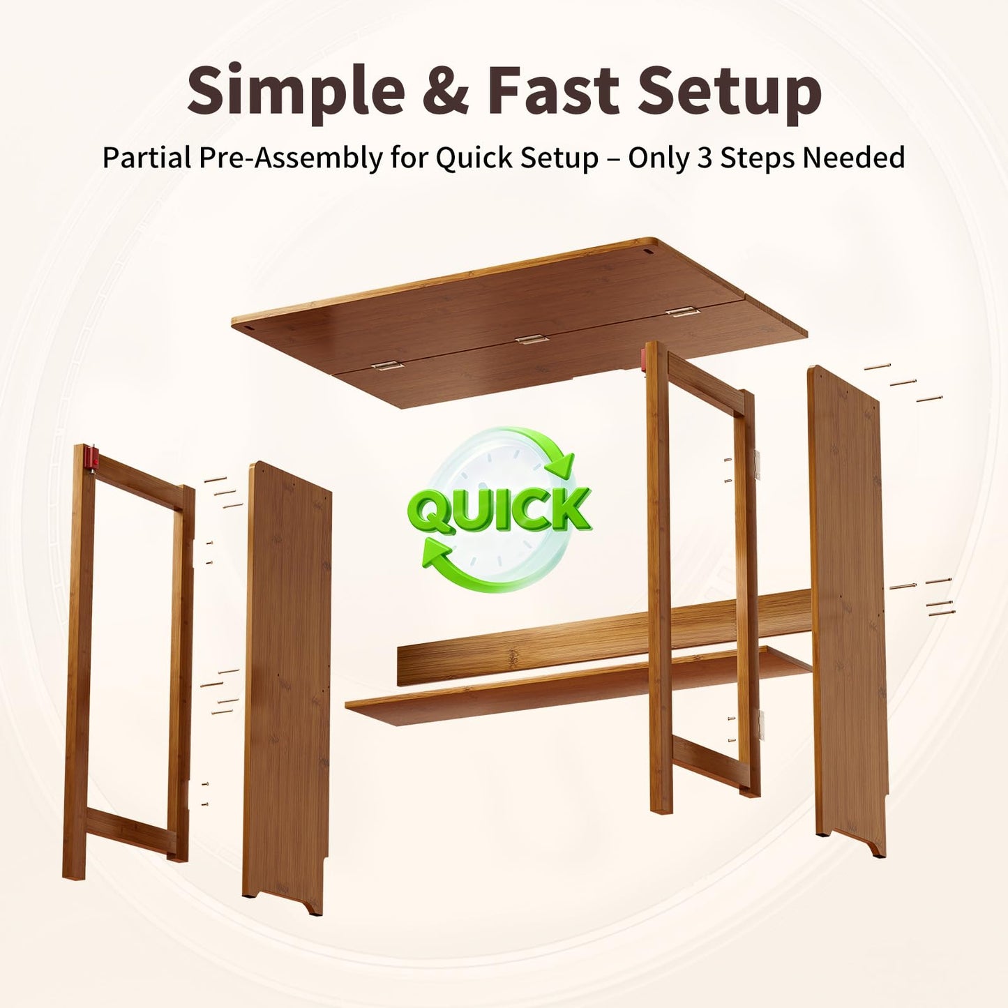 Dezyfurni Bamboo Foldable Desk, Folding Desks for Small Spaces, Mid Century Small Computer Desk with Bookshelf for Bedroom Home Office, Brown