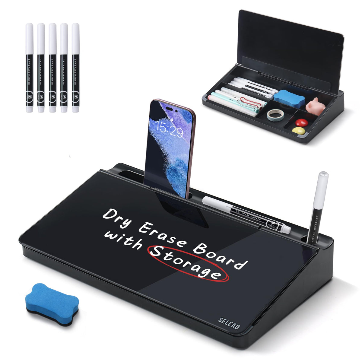 SELEAD Desktop Glass Whiteboard with Storage, Small Dry Erase White Board Computer Pad Keyboard Stand for Home, School, Office Desk Accessories - Black