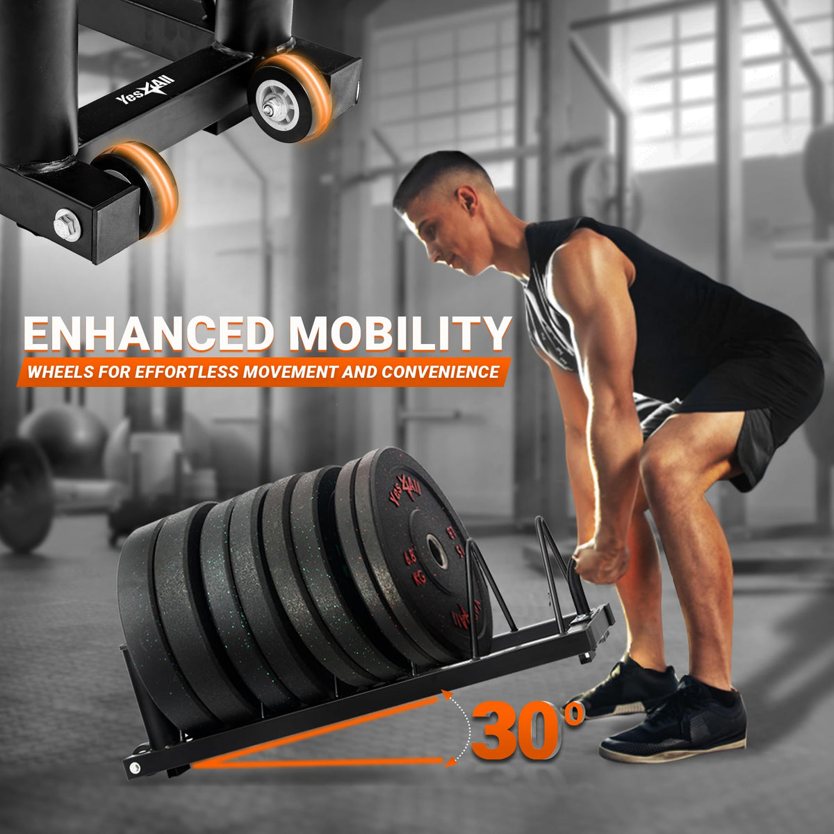 Yes4All Horizontal Weight Plate Rack Holder, Bumper Plate & Olympic Barbell Storage Rack with Steel Frame, Handle and Transport Wheels