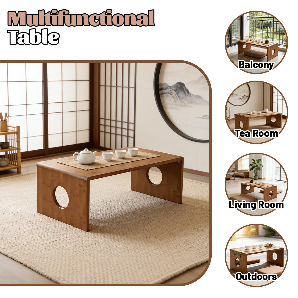 Zansens Foldable Low Coffee Tables,Japanese Folding Floor Table,Bamboo Floor Table Desk,Low Tea Table,Portable Coffee Tables with No Assembly Required,for Tea Rooms, Restaurants,Office