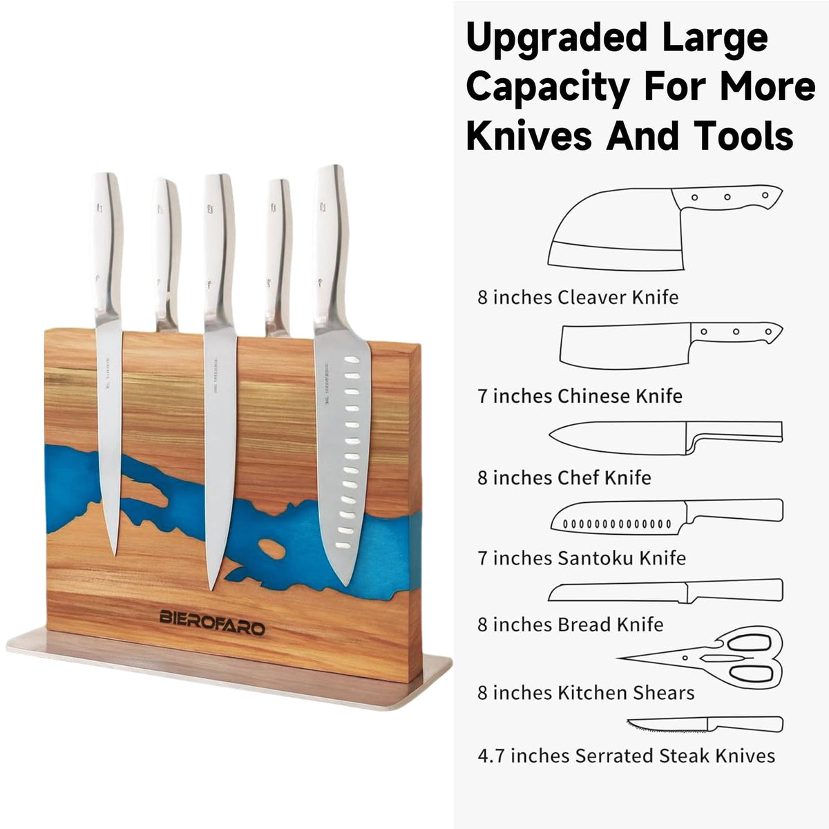 Magnetic Knife Block with Steel Base, Double‑Sided Knife Holder Made of Acacia Wood for Chef Knives, Modern Kitchen Countertop Organizer, Blue Resin River Design