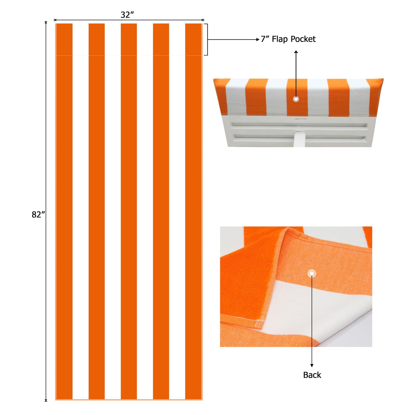 COTTON CRAFT Pool Lounge Chair Cover - 2 Pack - Chaise Beach Picnic Spa Towel - Cabana Stripe - Soft Premium Ringspun Terry Cotton - Oversized - 32 inch wide x 82 inch long with 7 inch Pocket – Orange