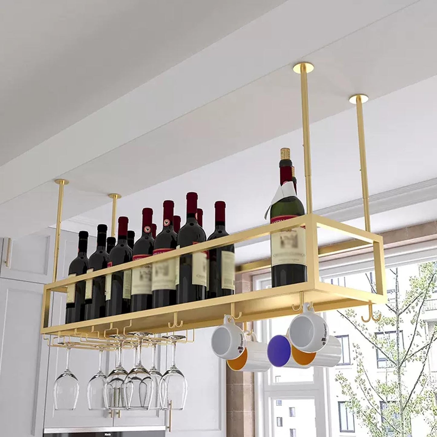 Modern Gold Metal Wine Rack - Wall-Mounted Floating Storage Shelf for Home Bar & Kitchen, Stylish Ceiling Holder for Wine Bottles & Glasses, 60cm Display for Cafe & Dining Room.