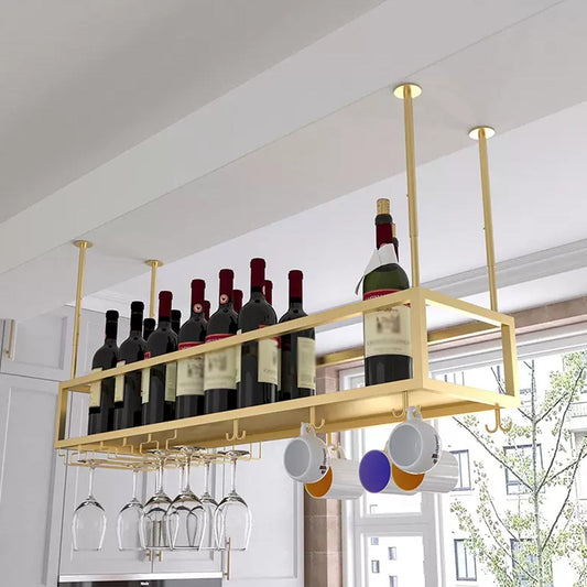 Modern Gold Metal Hanging Wine Rack - Stylish Ceiling Storage Shelf for Home Bar & Kitchen - Wall-Mounted 60cm Wine Bottle & Glass Holder - Ideal for Café & Dining Room Display.