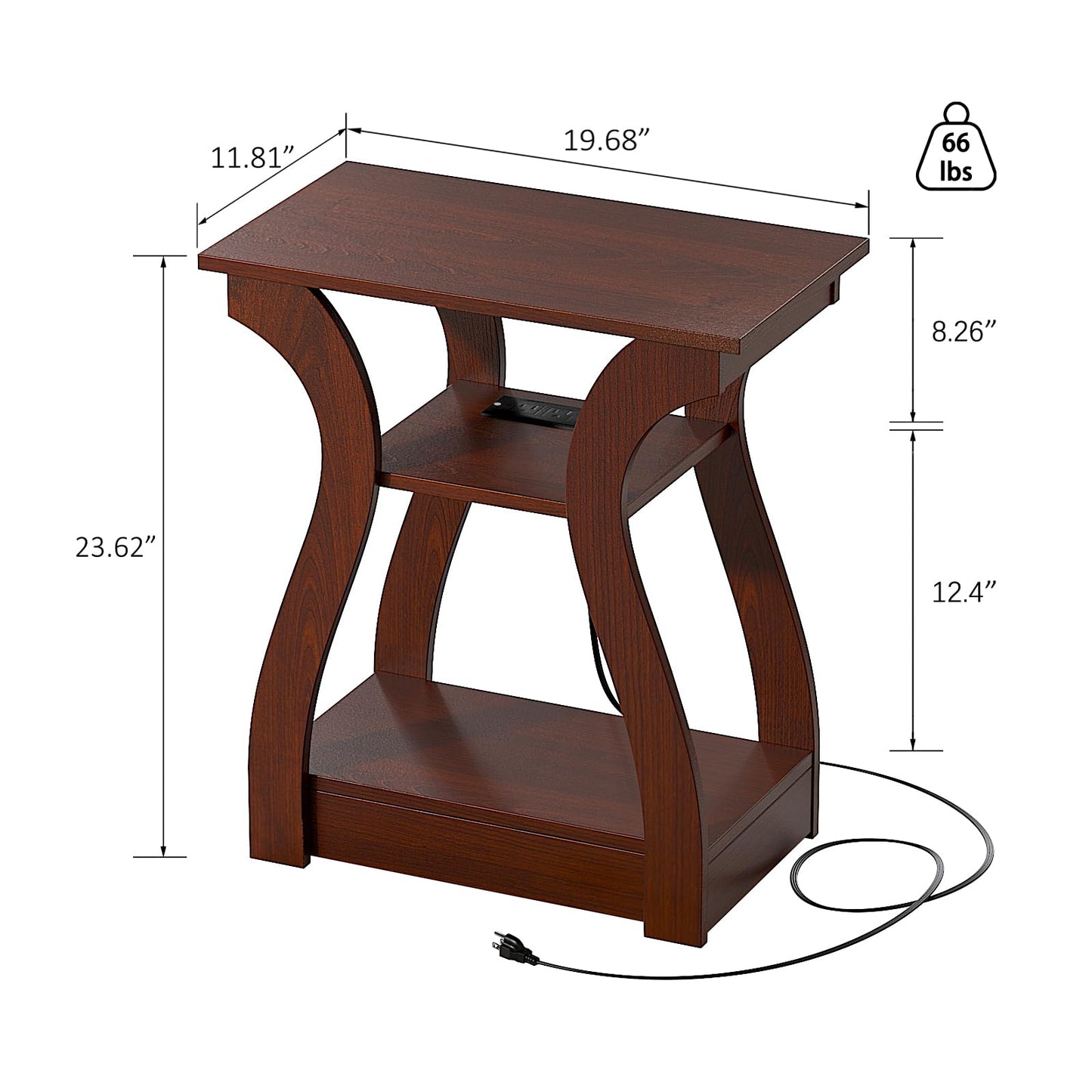 FROMJBEST End Tables Living Room, Cherry End Table with Charging Station, Nightstand for Bedroom, 3 Tier End Table with Storage Shelf for Living Room(Cherry)