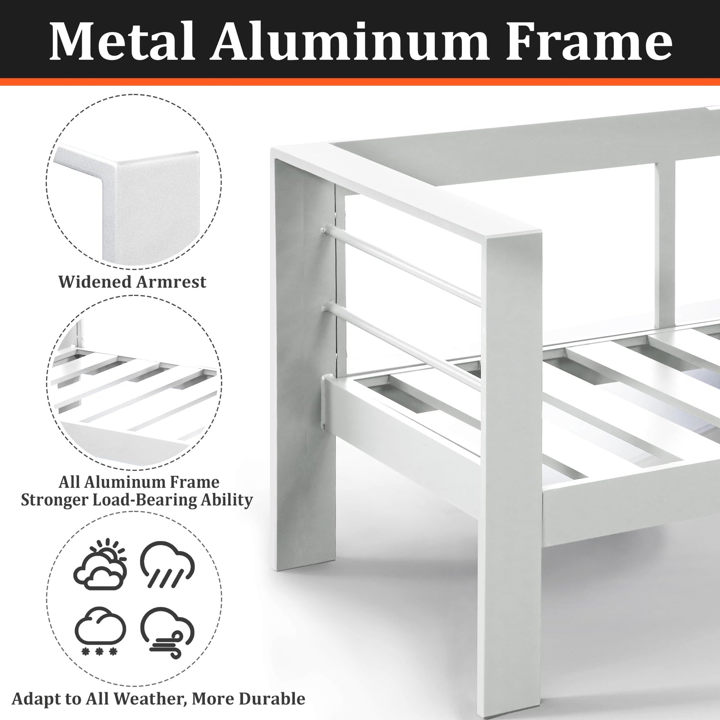 Kiss the Water Loveseat Aluminum Outdoor Patio Sofa Set, All Weather Rust-Proof Metal Patio Couch, Modern Outdoor Furniture for Backyard Porch Garden, 5" Thick Waterproof Olefin Cushions, Light Grey