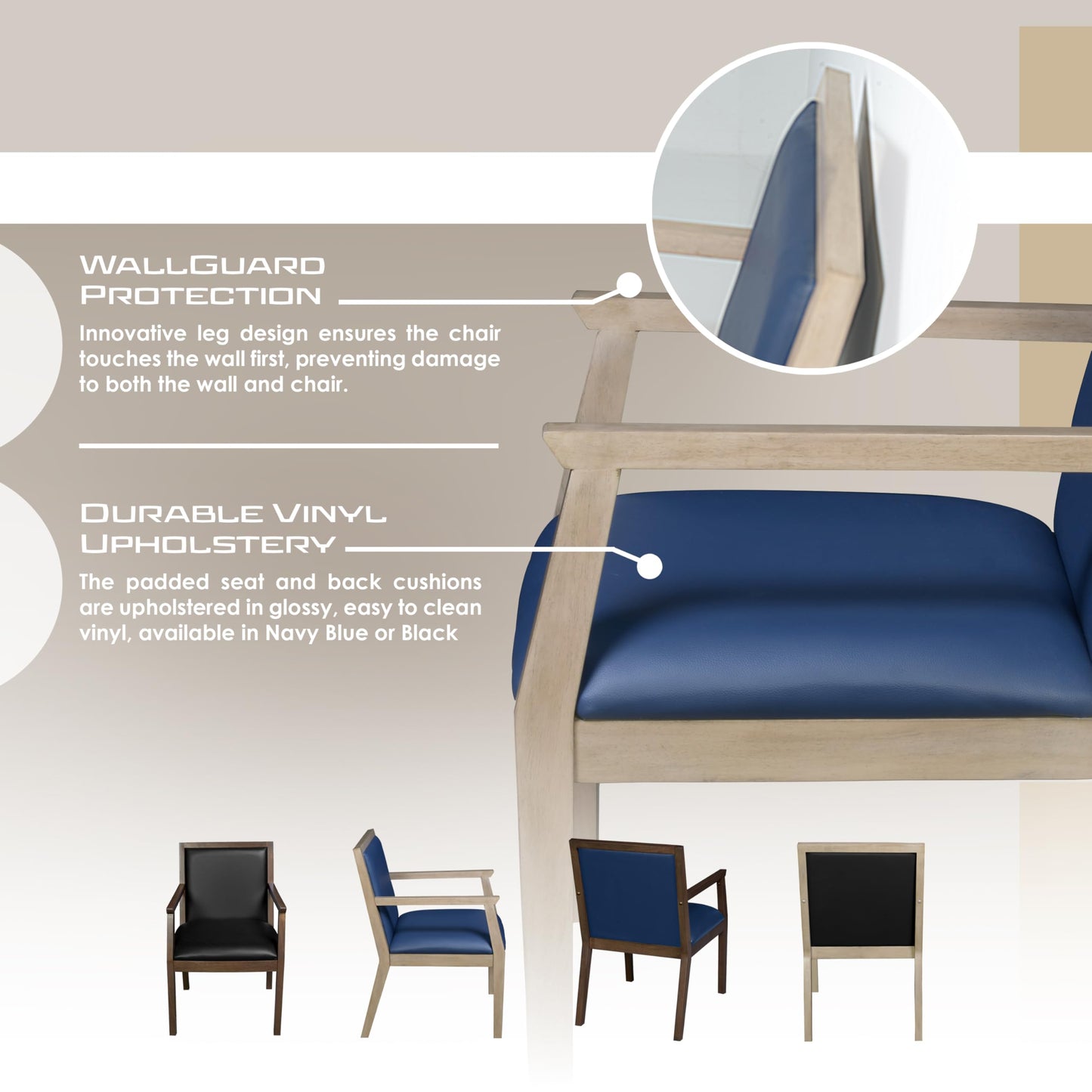 Romig Regent WallGuard Guest & Reception Waiting Room Wood Side Chair - Noble Oak/Navy Blue Vinyl