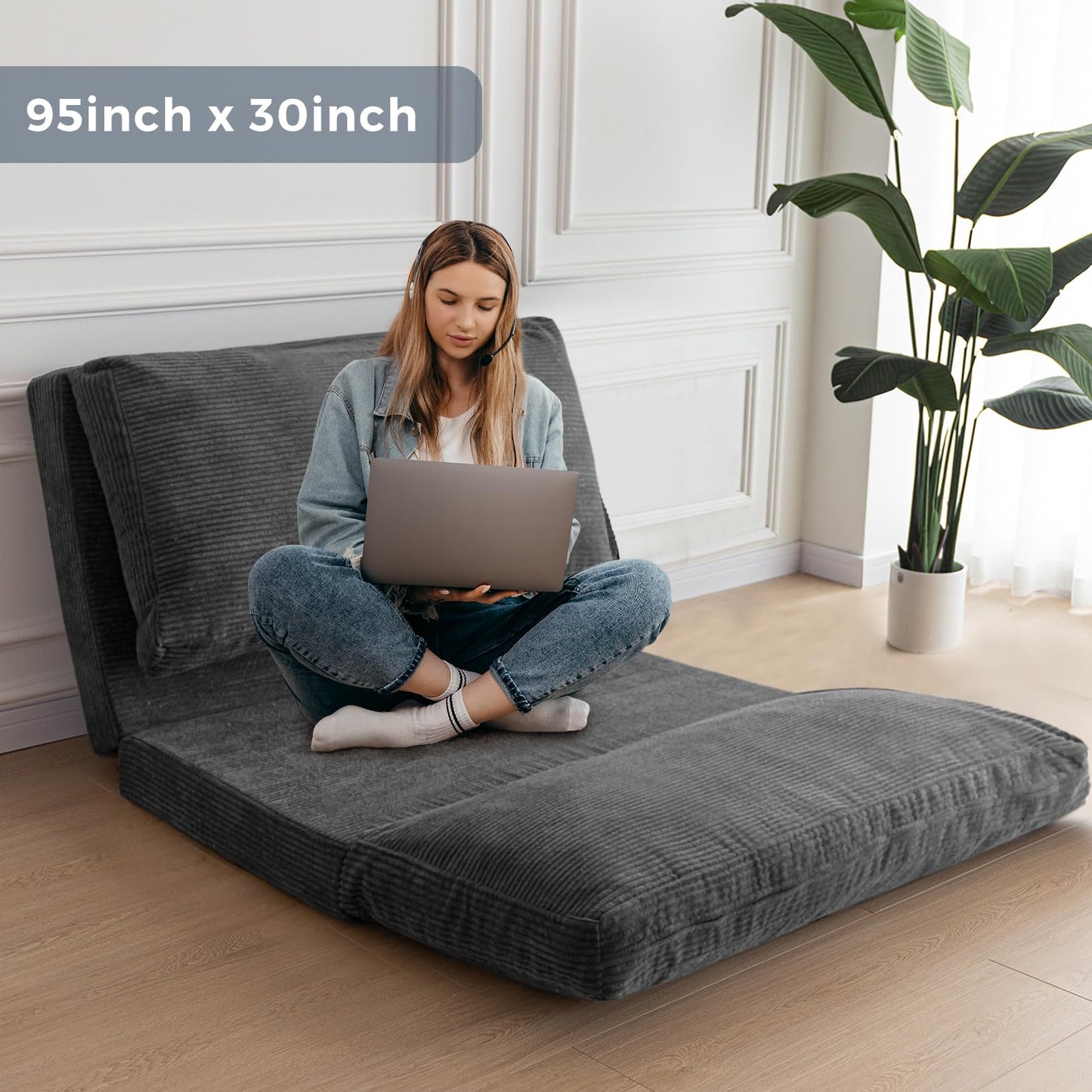 MAXYOYO Folding Sofa Bed, Extra Thick and Long Floor Sofa Convertible Chair with Washable Cover, Floor Couch Lounge Bean Bag Bed for Living Room, Dark Grey, 30x91 Inch