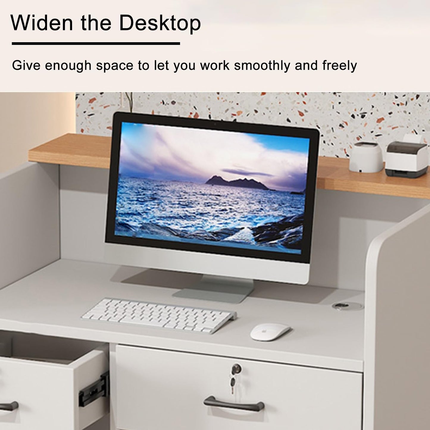 Reception Desk for Spaces with Lockable Drawer, Compact Office Counter Desk Counter Modern Front Lockable Drawers,Modern Stylish Wooden Reception Desk with Counter for Salon Office Boutique