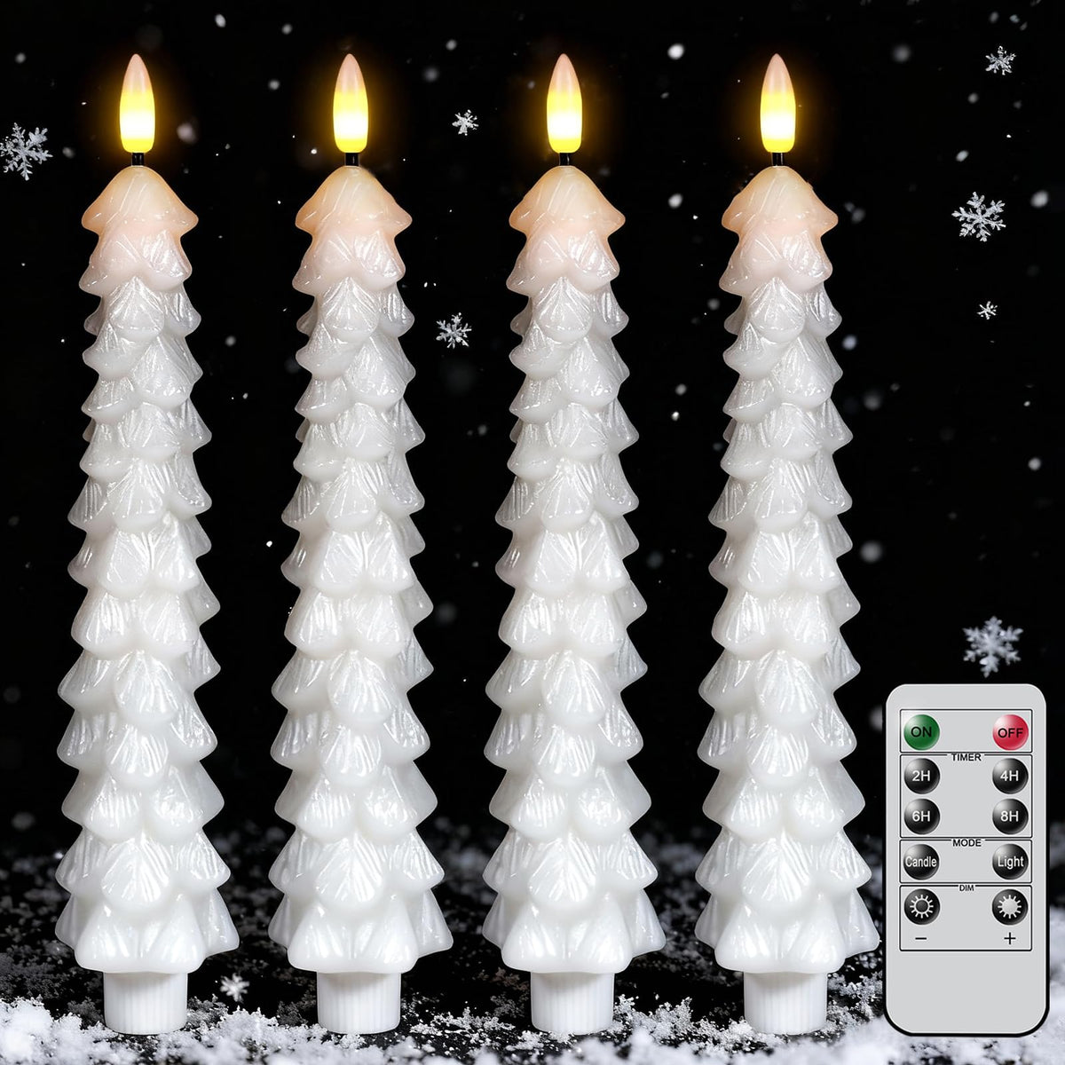 GenSwin Christmas Tree Flameless Candles with Remote Timer, White Christmas Tree LED Taper Candles with 3D Flickering Flame, 4 Pcs LED Candlesticks for Christmas Winter Home Decoration(0.78” x 9.8”)