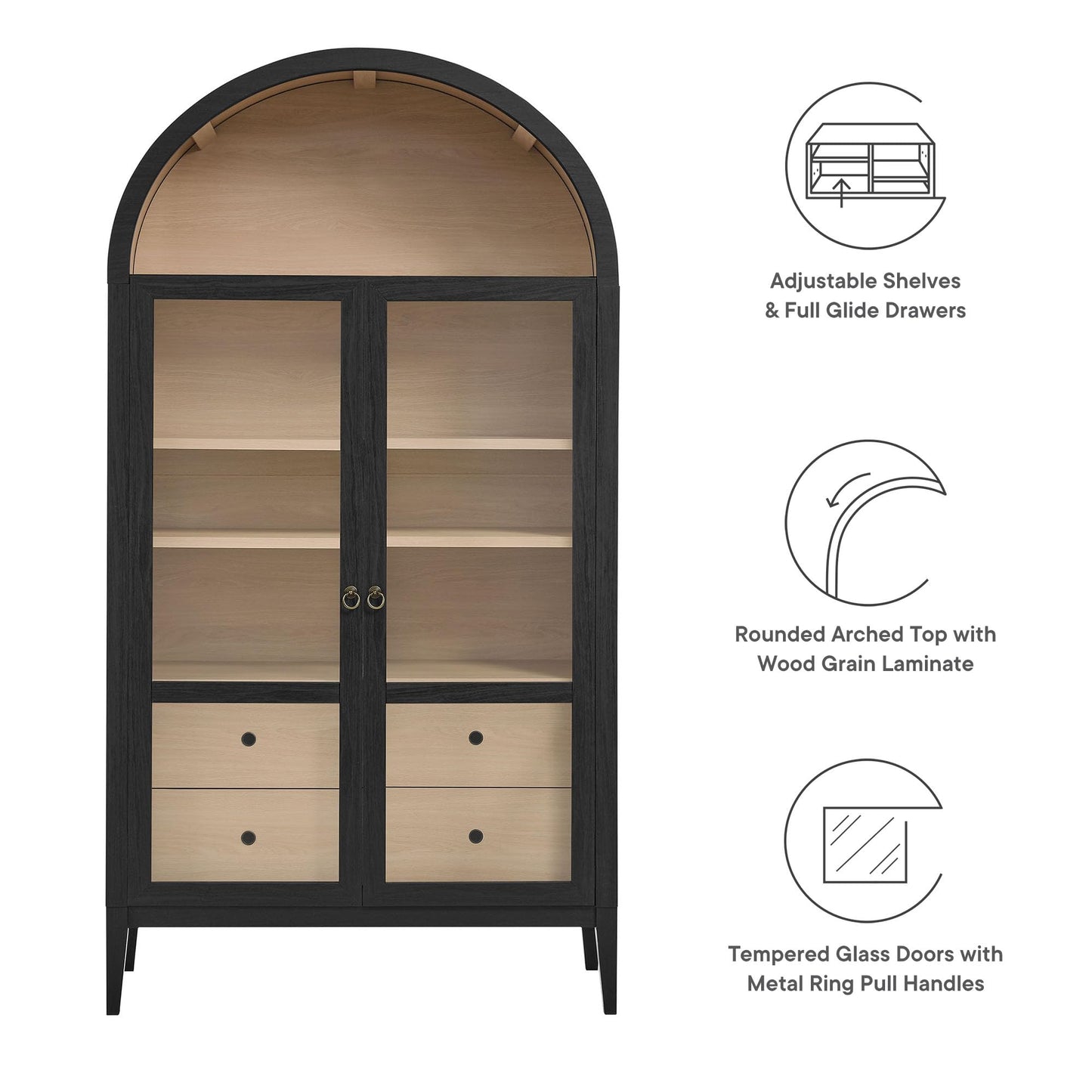 Modway Nolan Tall Arched Storage Display Cabinet in Black Oak - 74 Inch Arch Bookshelf with Glass Doors, Shelves and Drawers - Modern Accent Cabinet for Living Room, Dining Room