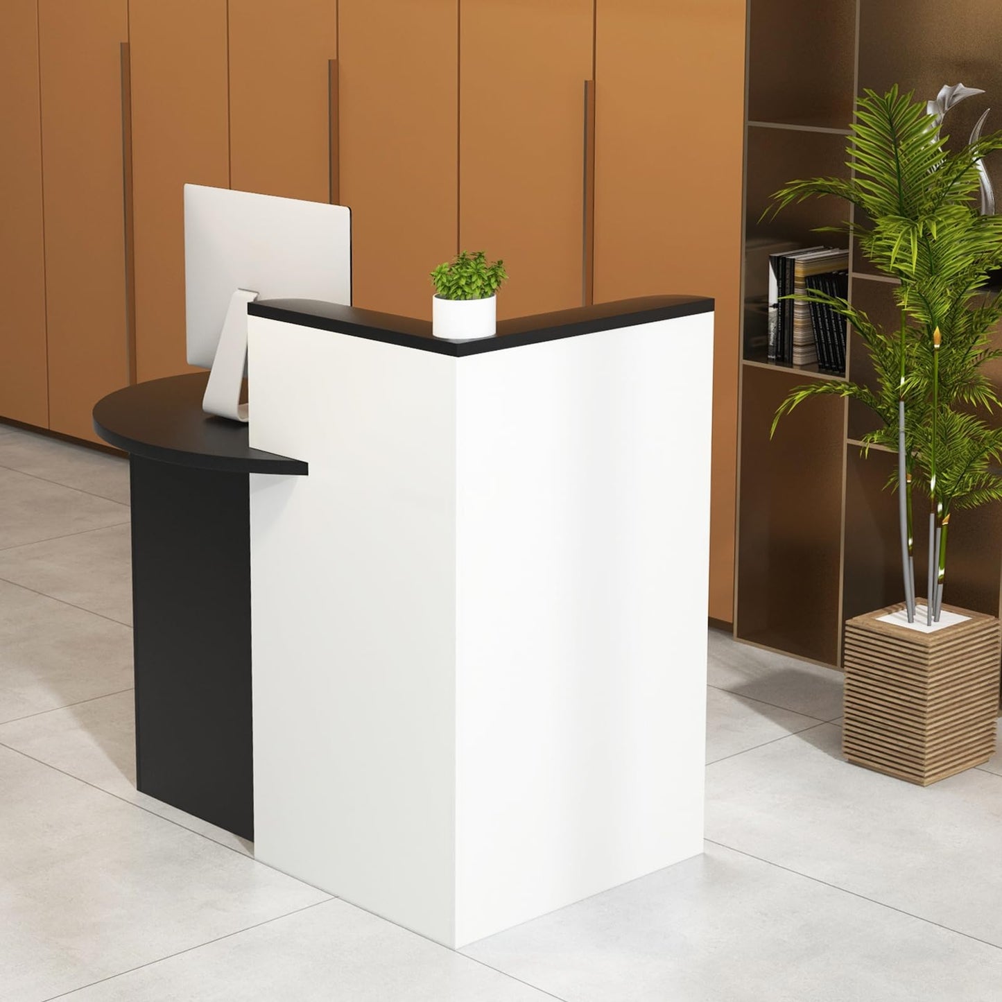 CHEFJOY Reception Desk, Retail Checkout Counter w/Lockable Drawer & Open Shelves, Computer Workstation, Small Front Desk Reception Counter for Company Lobby Store Salon Office (Black & White)