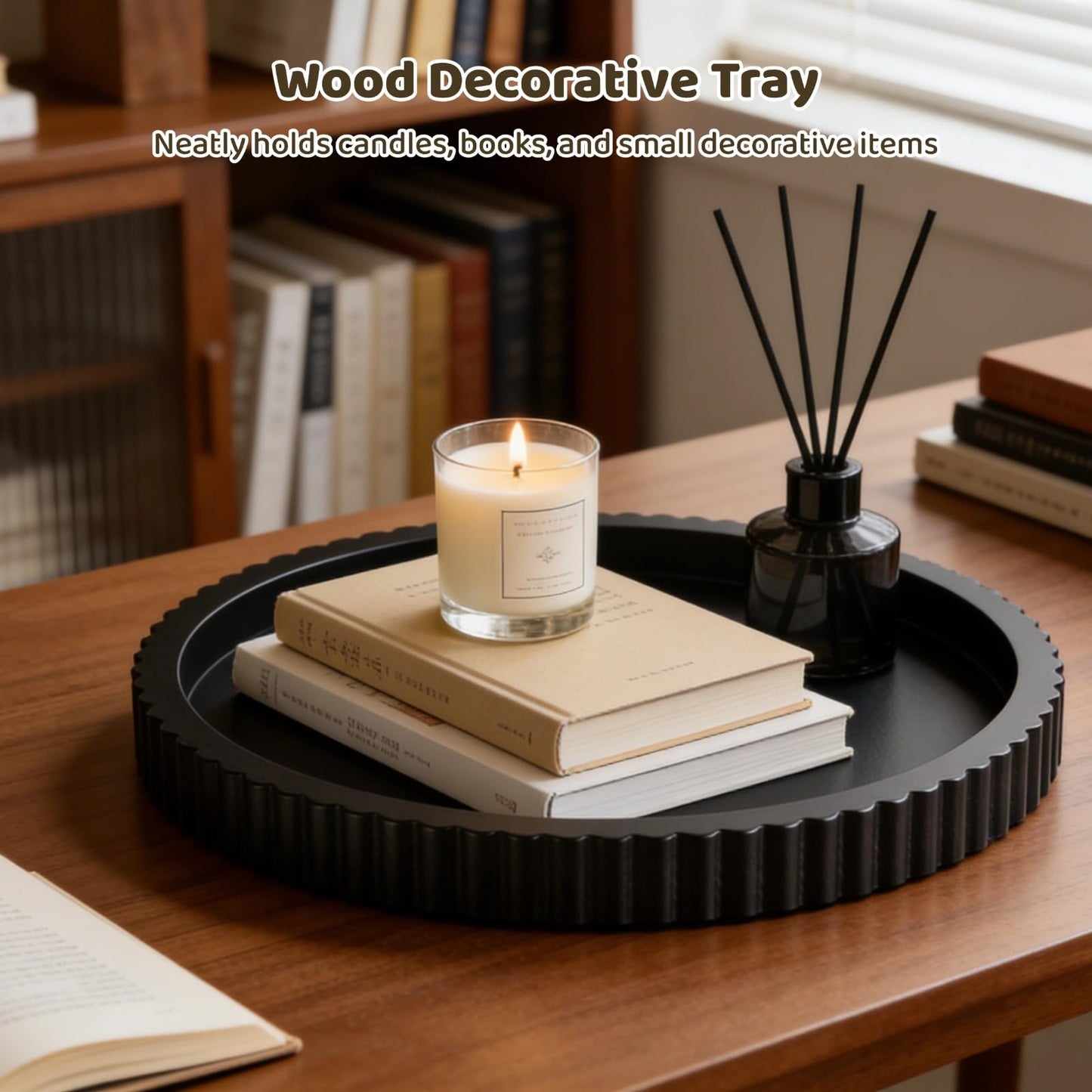 Coffee Table Tray, 11" Black Handcrafted Wood Serving Tray for Table Decor, Round Elegant Wavy Edge Decorative Serving Tray Office Desk Tray