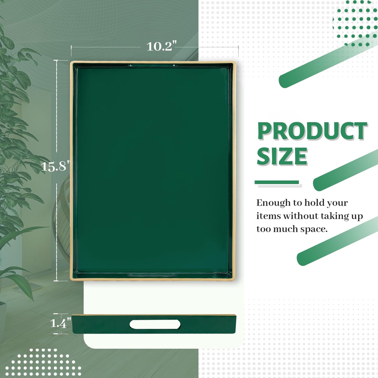 MAONAME Dark Green Decorative Tray, Serving Tray with Handles, Plastic Trays for Coffee Table, Rectangular Trays for Living Room, Bedroom, 15.8" X 10.2" X 1.4"