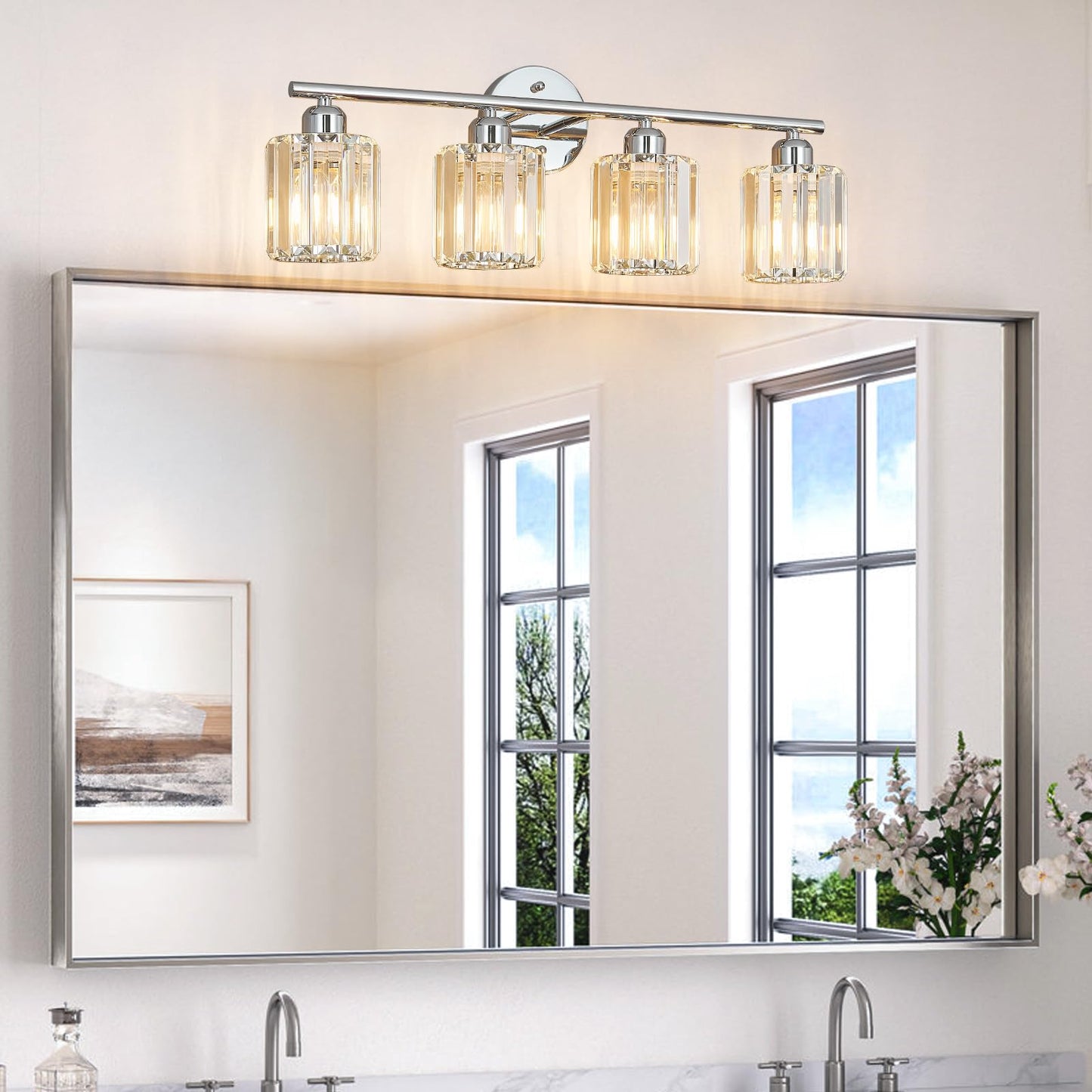 FDPBY Modern 4 Light Crystal Vanity Light, Chrome Vertical Bathroom Light Fixture Over Mirror for Dressing Table Sink, Compatible with Dimmable Bulbs (Bulbs Not Included)