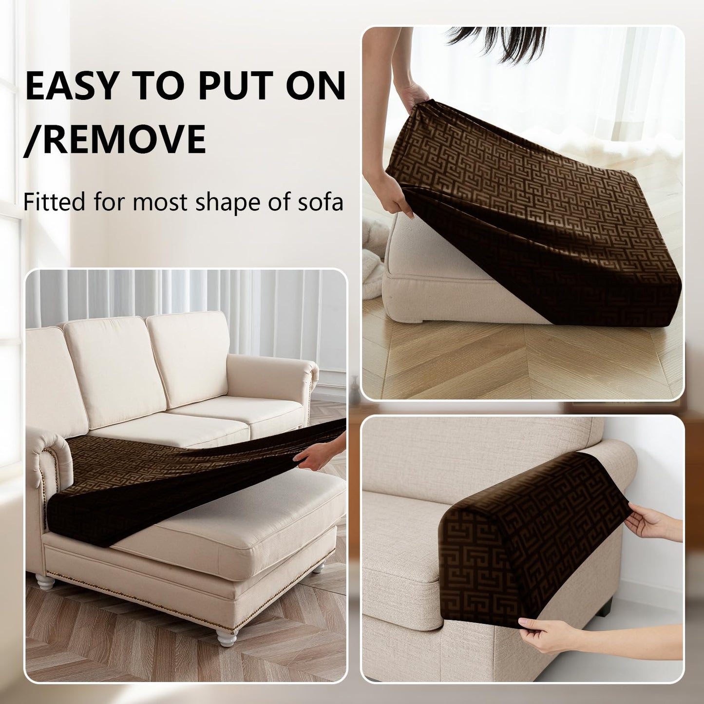 UNBBRRL 10 Pieces Stretch Sofa Cushion Covers for U-Shaped Modular Sectional Couch with 4 Seats+4 Backs+2 Arms, Upholstered Covers for Sofa Bed with Deep Double Chaise (Caramel,10 Pieces Set)
