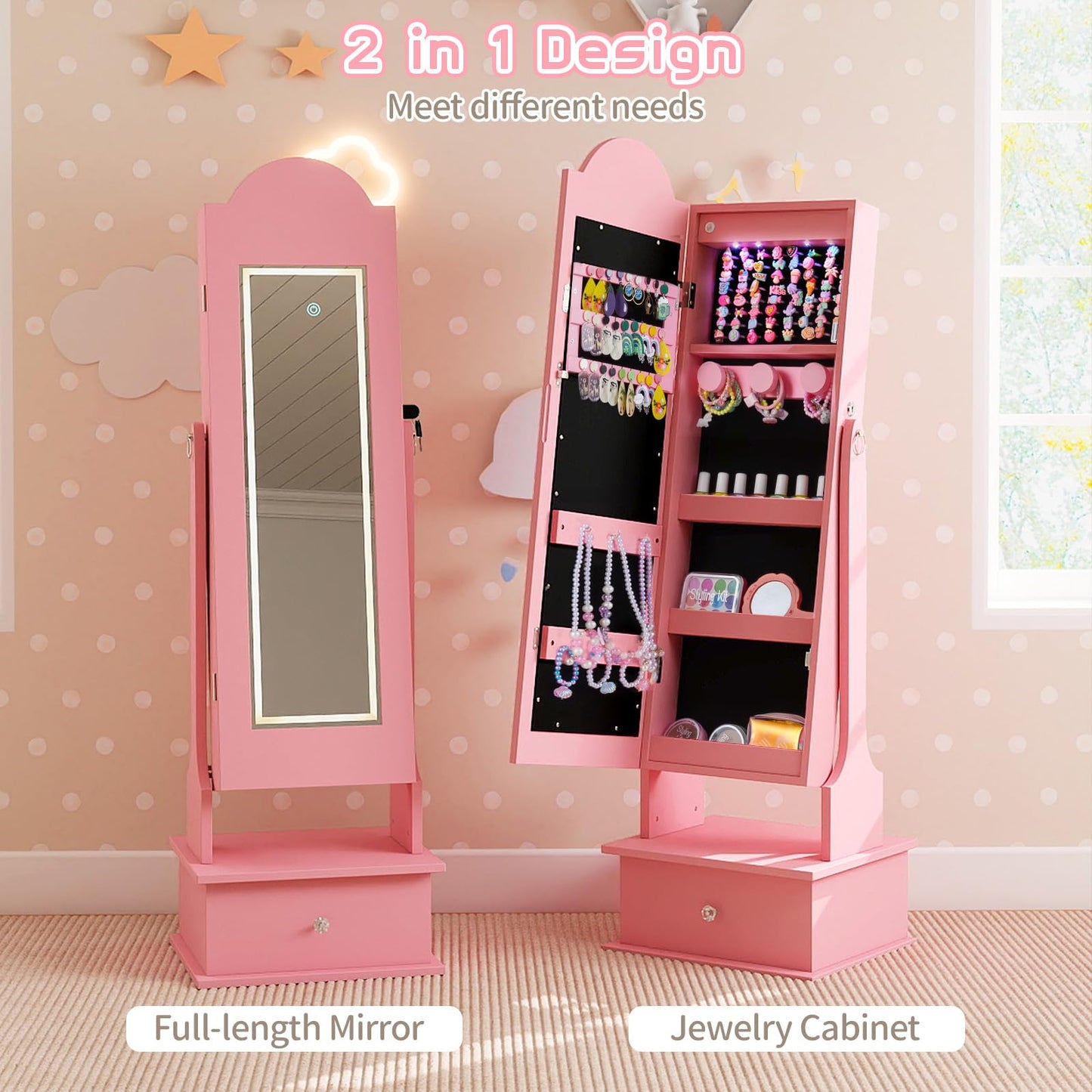 INFANS Kids Jewelry Armoire Cabinet with LED Lights, Lockable Standing Organizer with Full-length Mirror, Unicorn Theme Children Vanity Dress Up Storage Rack for Girls