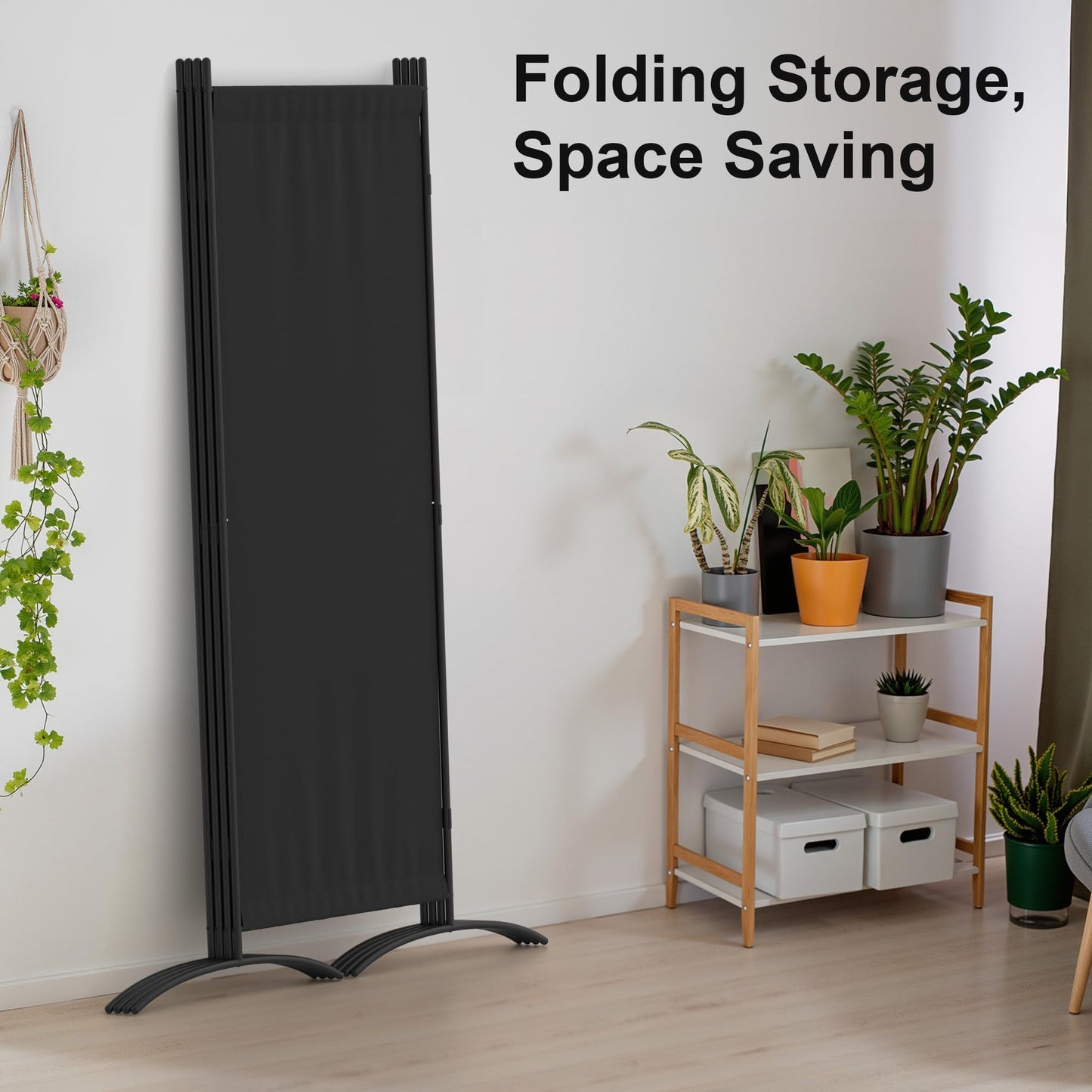 Kecreque Room Divider 4 Panel Partition Room Dividers and Folding Privacy Screens with 5 Curved Metal Feet Portable Divider Wall 88" W Temporary Wall for Office Divider Bedroom Dressing Room,Black