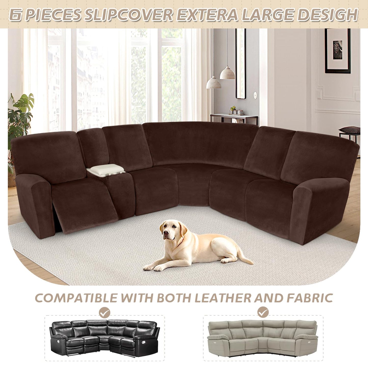 Arfntevss Sectional Recliner Couch Covers Velvet Washable Corner Sectional Sofa Cover for Reclining Stretch Soft Thick L Shape Recliner Slipcover Set (5 Seat with 1 Console Cover, Dark Brown)