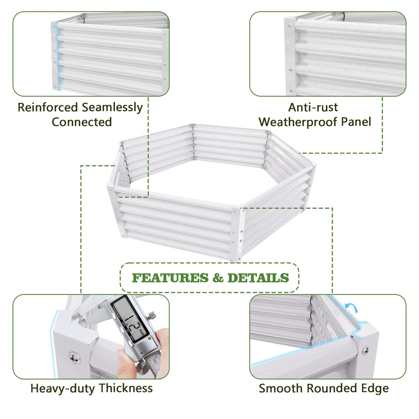 A ANLEOLIFE Hexagon Metal Raised Garden Bed, 18'' Tall Galvanized Flower & Ornamental Planter, 3FT Wide Decorative Raised Bed, Antique White