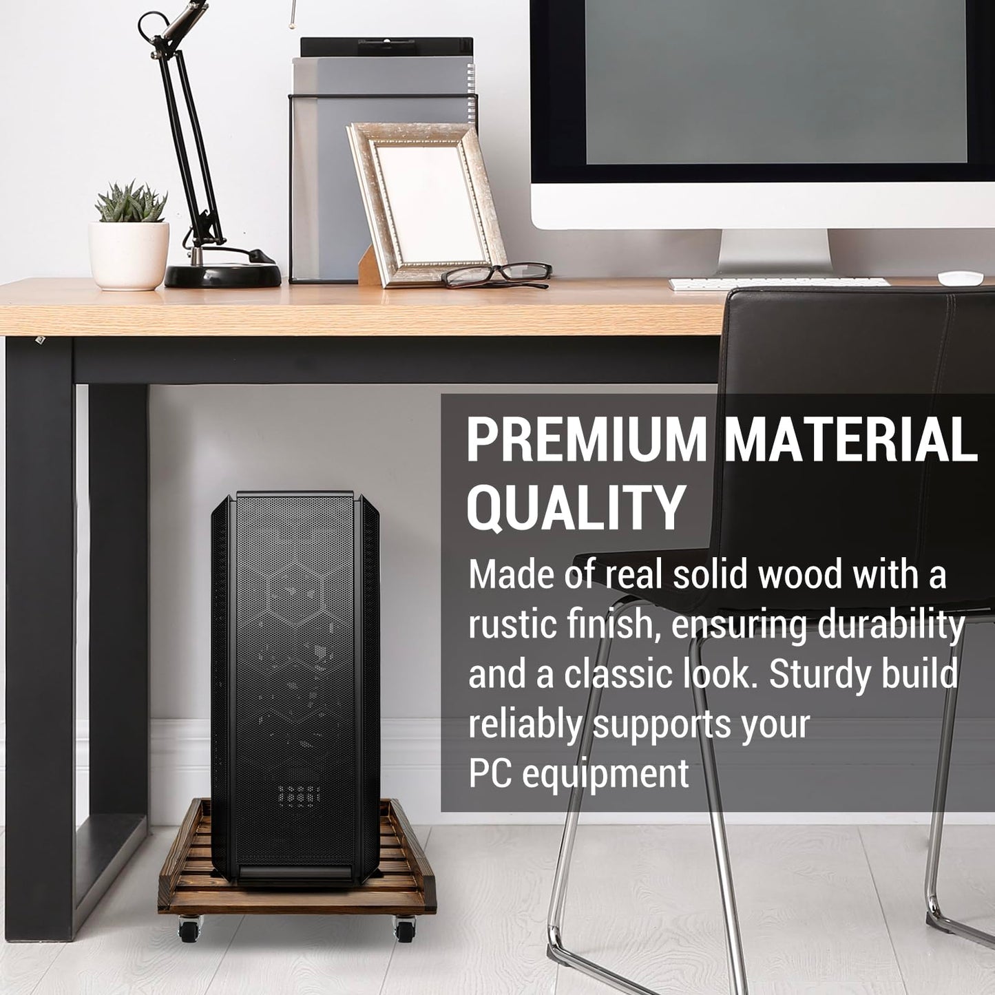 MyGift Rustic Solid Wood CPU Tower Stand – Deluxe PC Holder with Rolling Lockable Caster Wheels, Computer Case Floor Stand