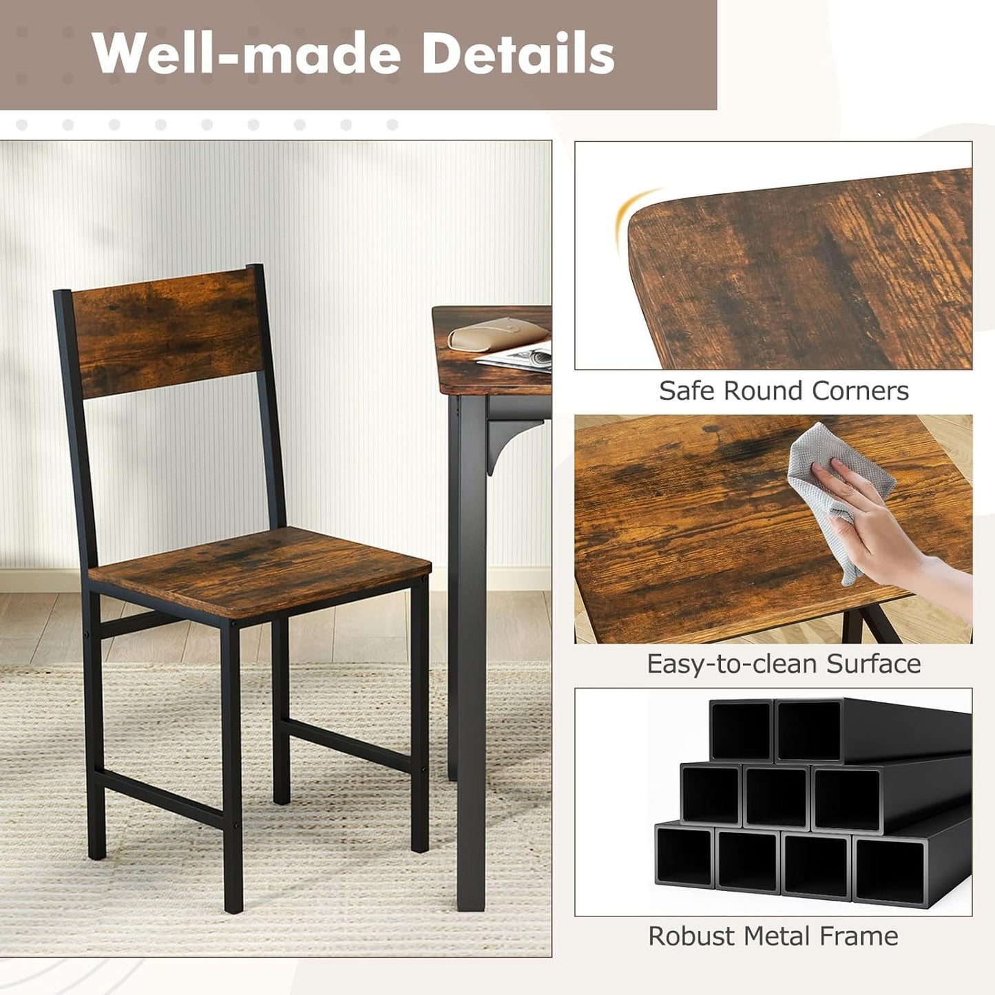 COSTWAY Dining Chairs Set of 4, Rustic Wood & Metal Frame Industrial Farmhouse Armless Side Chairs with Wide Comfy Seat & Slanted High Back for Dining Room, Kitchen, Home, Restaurant