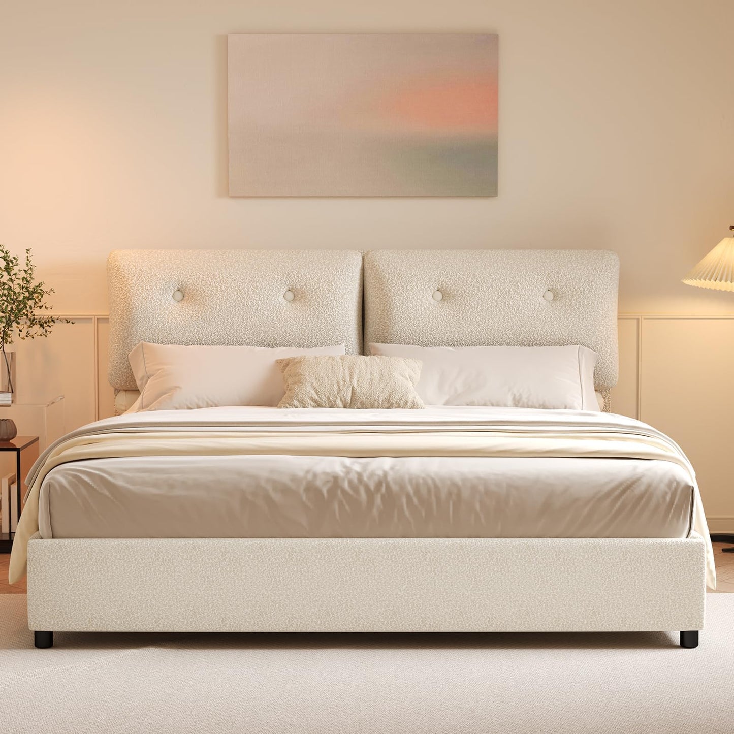 IMMERSTABLE King Size Bed Frame, Boucle Upholstered Bed Frame with Headboard, Removable and Washable, No Box Spring Needed, Wood Slat Support, Easy Assembly, Beige