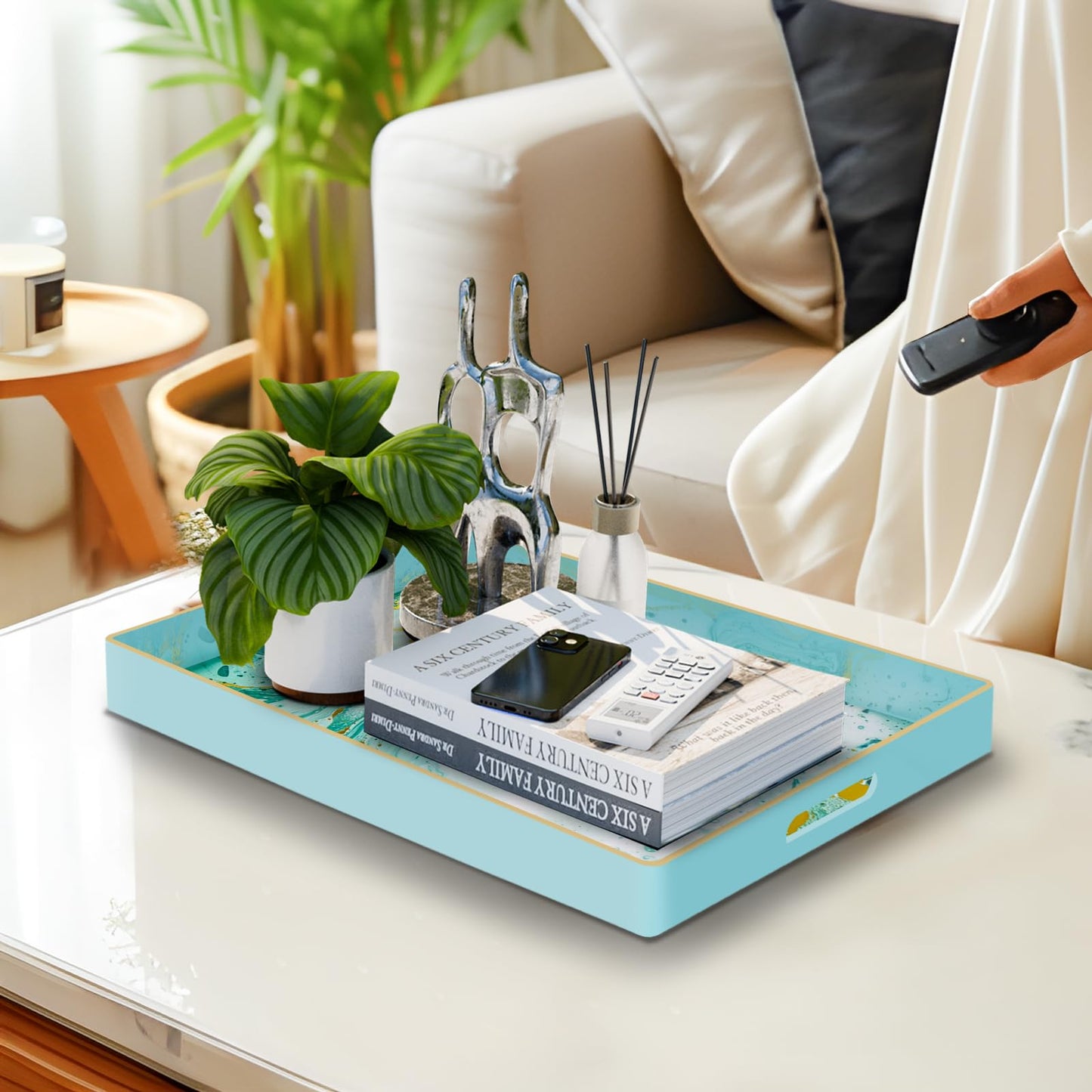 MAONAME Turquoise Serving Tray with Handles, Plastic Decorative Tray for Coffee Table, Marbling Rectangular Trays for Bathroom, Ottoman, Storage, 15.7" Lx 10.2" W X 1.57" H