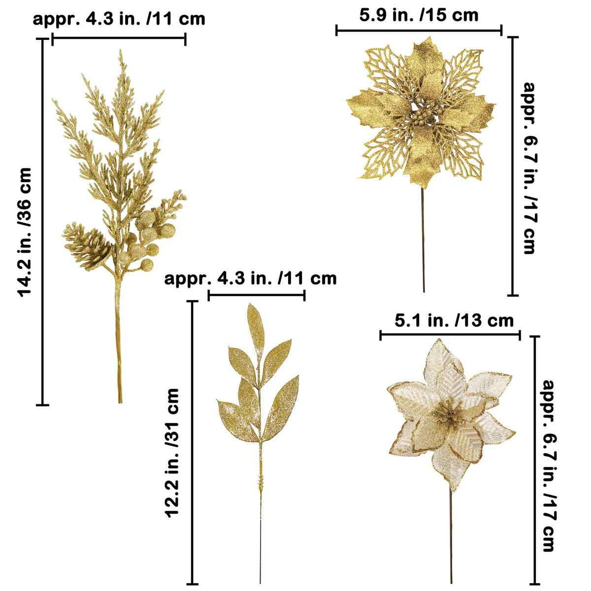 Winlyn 35 Pcs Christmas Artificial Poinsettia Flowers Picks and Artificial Leaves Sprays Gold Glitter Christmas Floral Picks for Gold Christmas Tree Holiday Centerpiece Wreath Garland Decorations