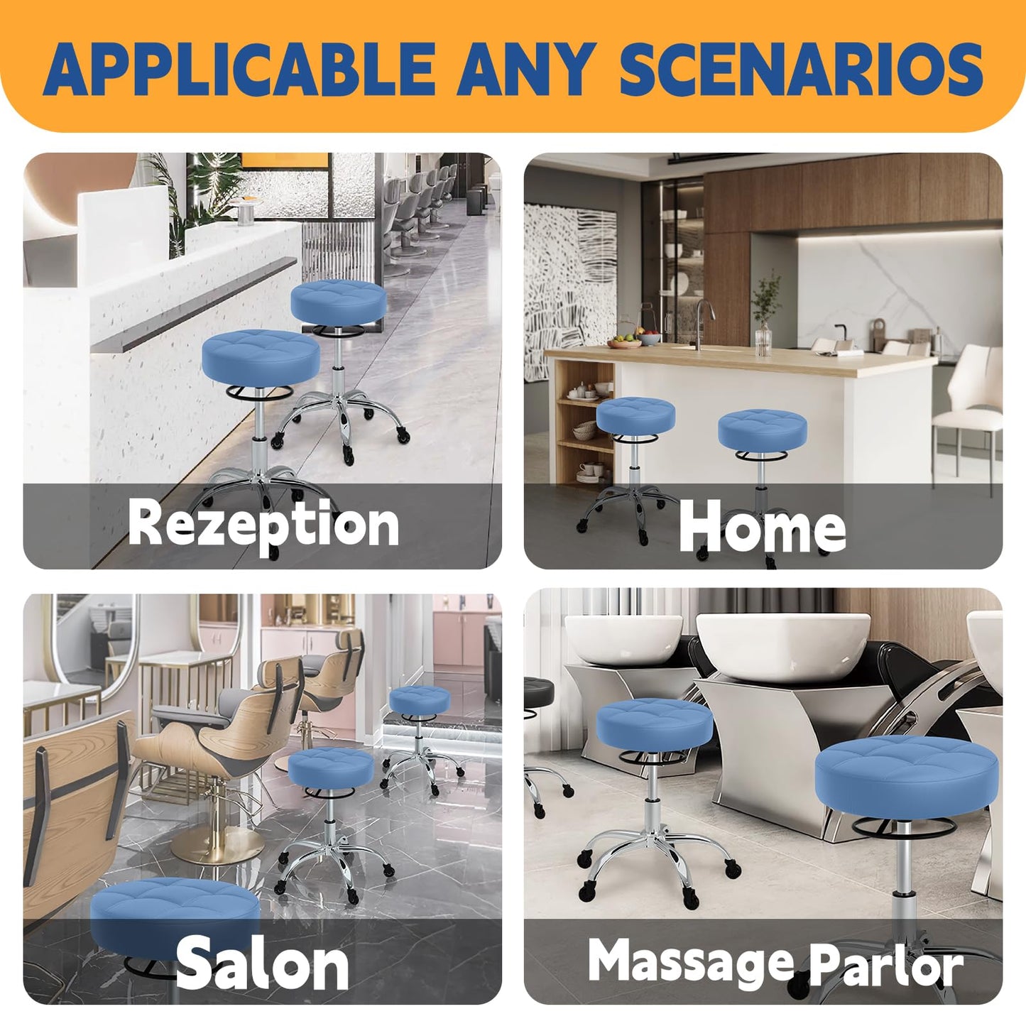 Rolling Stool Heavy Duty 400lb: Super Soft Seat Cushion,360° Swive,Height Adjustability,No Squeaky Noises,No Tip Over,New Upgraded Stool Salon Stool Chair, Tattoo Facial Massage Spa Medical (Blue)