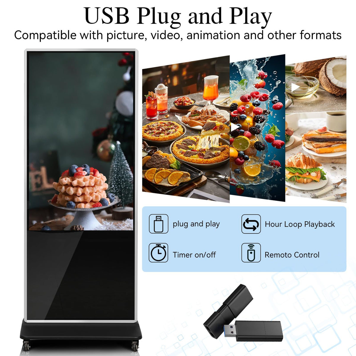 KEINONE 55" 4K LCD Touchscreen Digital Signage Display, Indoor Floor Standing Advertising Kiosk, Commercial Digital Signage Player, HDMI WiFi Bluetooth Input Auto AD Player, 4+32GB Android 14.0 Black