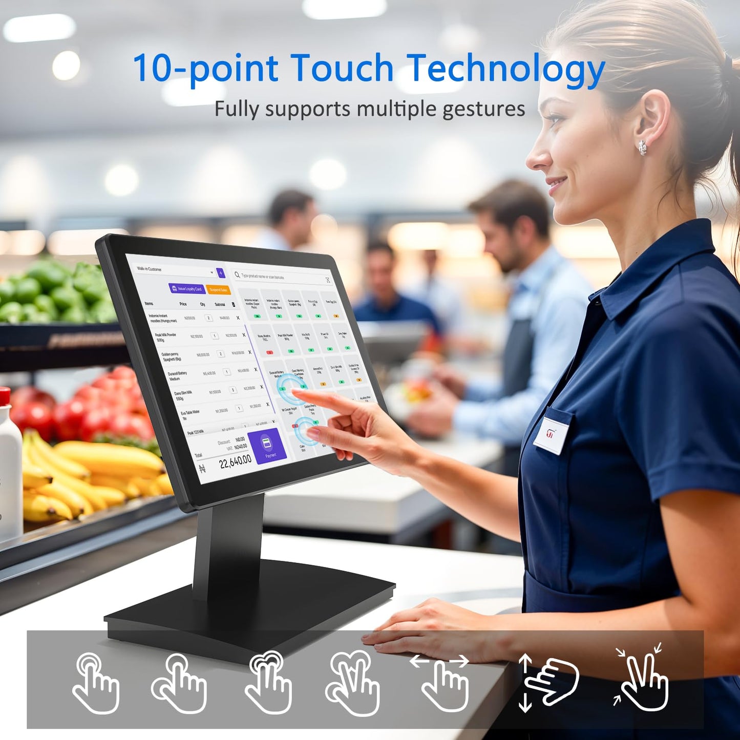 NewHail 15.6" Touchscreen POS Monitor, 1920×1080 FHD IPS Display, 10-Point Capacitive Touch, with HDMI/VGA Input, Heavy Duty Metal Stand for Restaurant, Bar, Gym, Warehouse, and POS Systems
