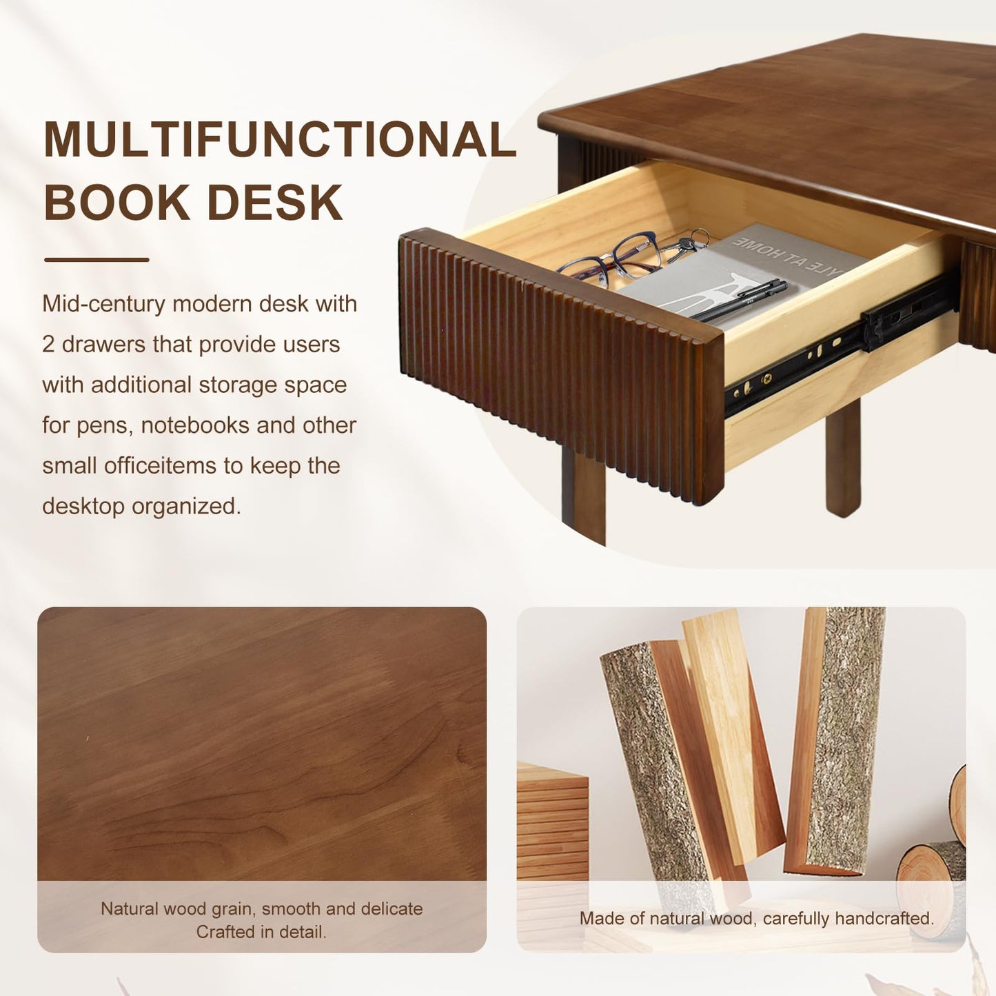 47.2'' Solid Wood Desk with 2 Drawers, Mid Century Modern Home Writing Office Wooden Desk ,Vintage Computer Table with Storage for Living Room, Bedroom, Fluted Design Brown (Walnut, 47.2 Inch)
