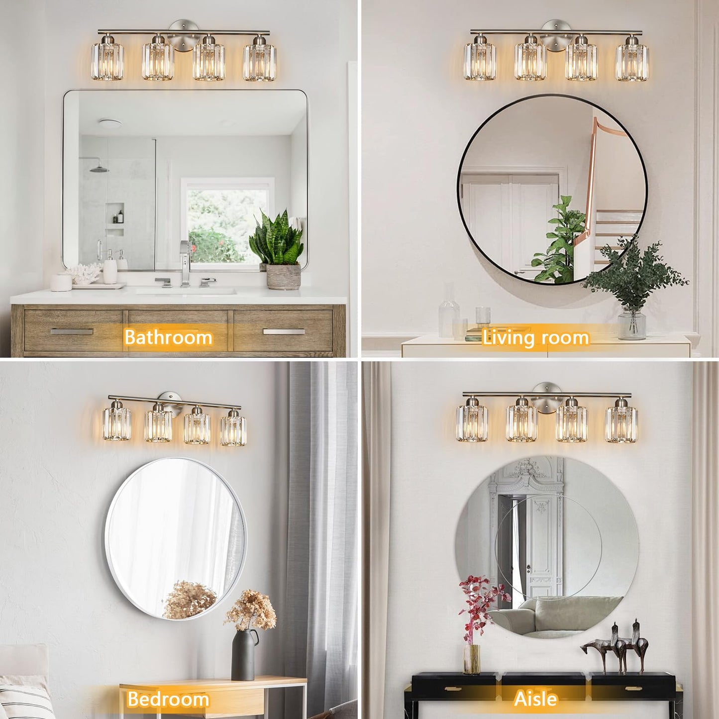 FDPBY Modern 4 Light Crystal Vanity Light, Brushed Nickel Vertical Bathroom Light Fixture Over Mirror for Dressing Table Sink, Compatible with Dimmable Bulbs (Bulbs Not Included)
