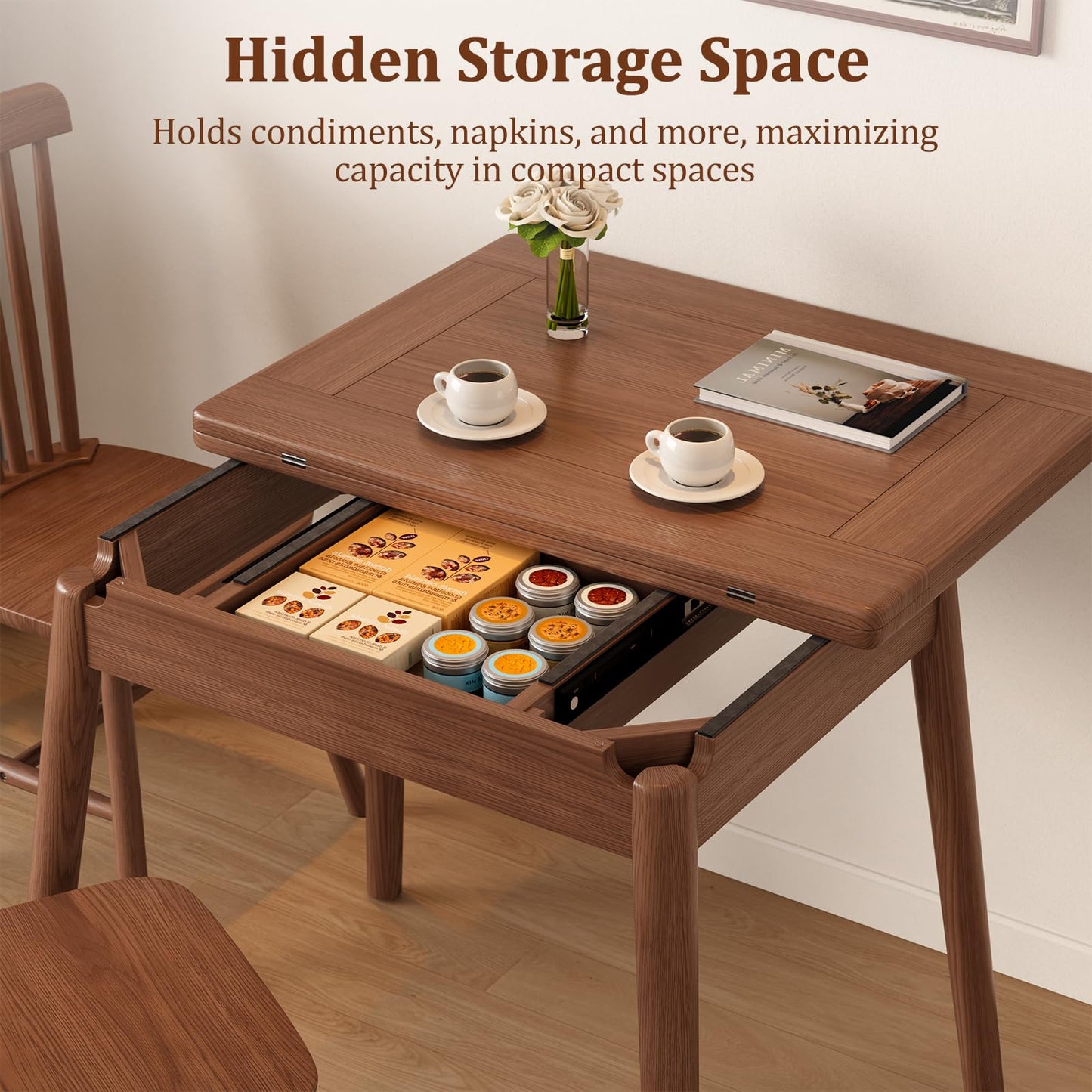 DONGMUWUJEE Solid Wood Small Dining Table for 2-6, 23.6"L-47.2"L Expandable Kitchen Table, Designed for Small Spaces, Easy Assembly, Suitable for Kitchen, Dining Room, Living Room, Apartment (Walnut)