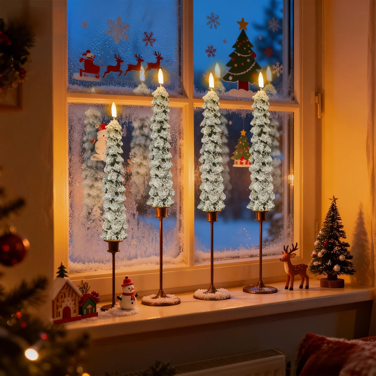 DRomance Christmas Tree Flameless Taper Candles with Remote Timer Battery Operated Flickering LED Candlesticks Real Wax Snowflake Glitters Holiday Indoor Decor(4 Pack, 0.78" D x 9.8" H)