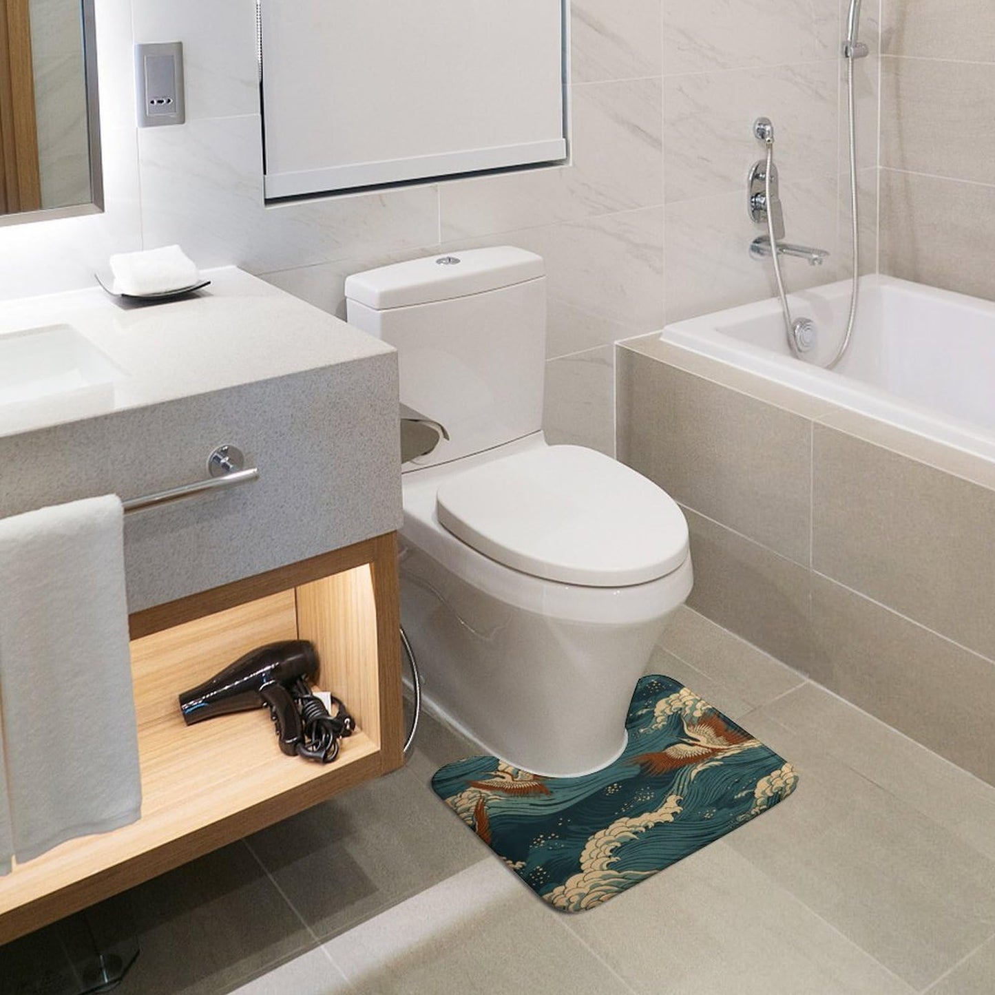 VstaDank Japan Wave Wallpapers Toilet Rug U-Shaped Toilet Bath Mat Extra Soft Absorbent Contour Bathroom Rug Plush Ultra Thin Toilet Mat Non-Slip Bath Mat for Guest Room Bathroom 16x20