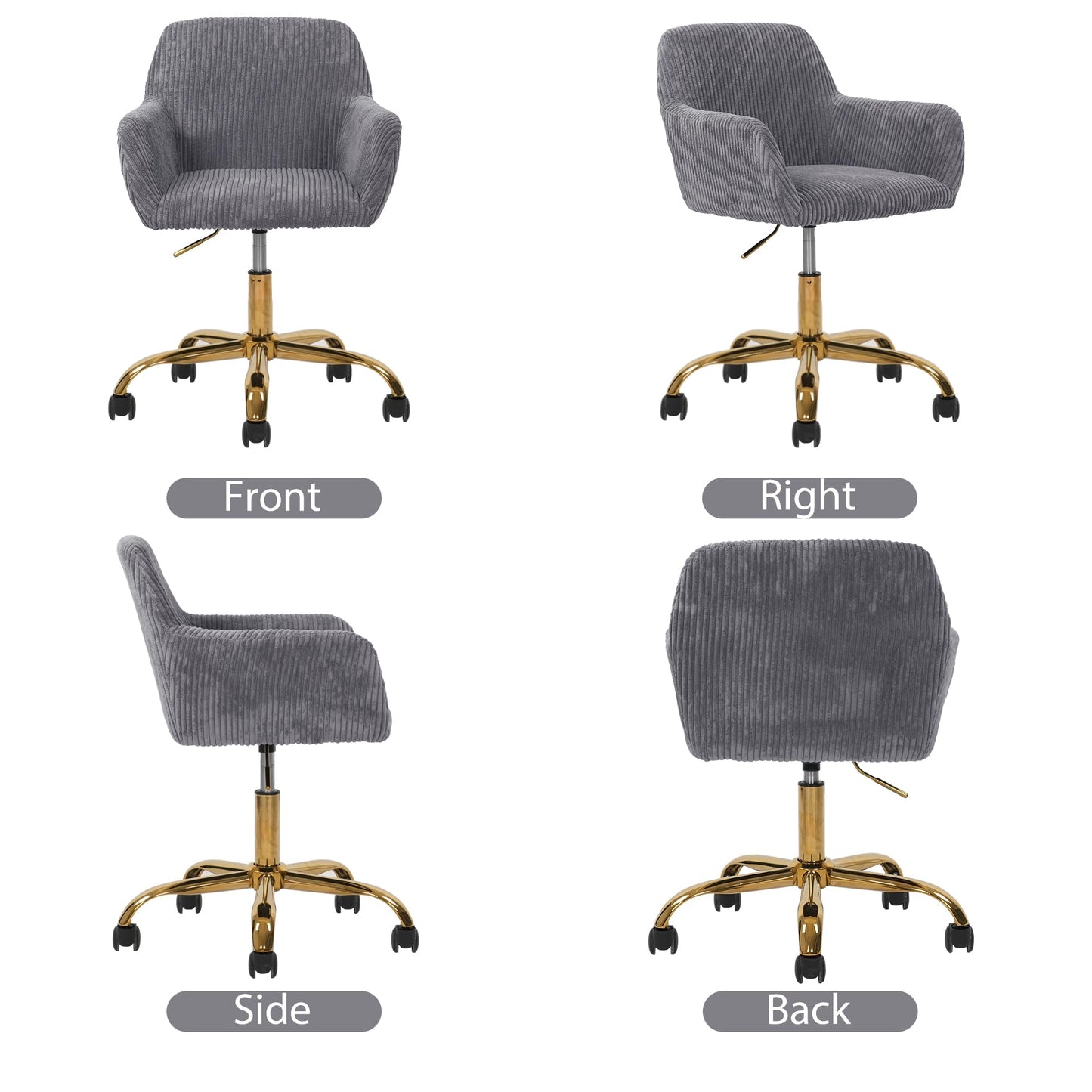 KCC Corduroy Fabric Vanity Makeup Desk Chair, Fluffy Swivel Modern Armchair with Wheels, Upholstered Fuzzy Height Adjustable for Girls Home Office, Gray