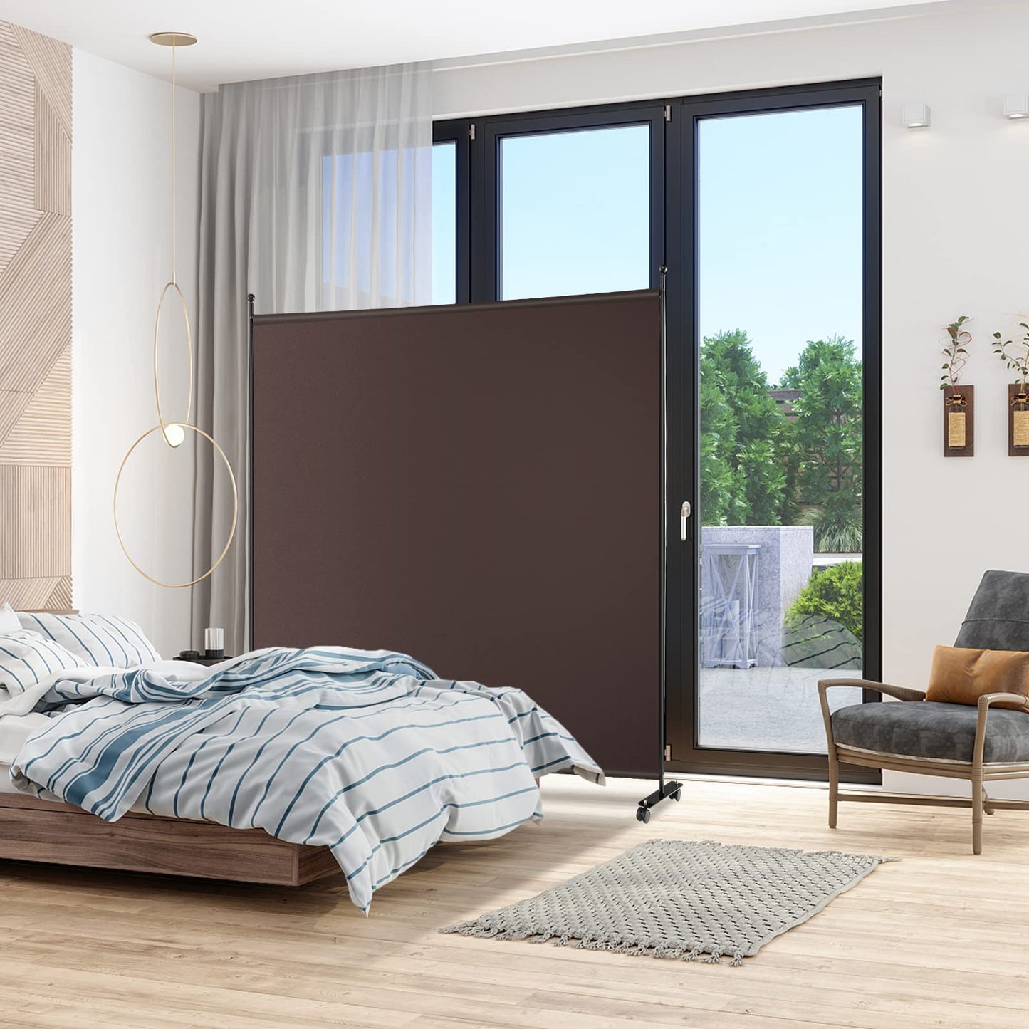 GOFLAME 6FT Single Panel Room Divider, Wide Rolling Privacy Screen with Lockable Wheels, Portable Room Partition Screen, Freestanding Wall Divider and Separator for Home Office, Brown